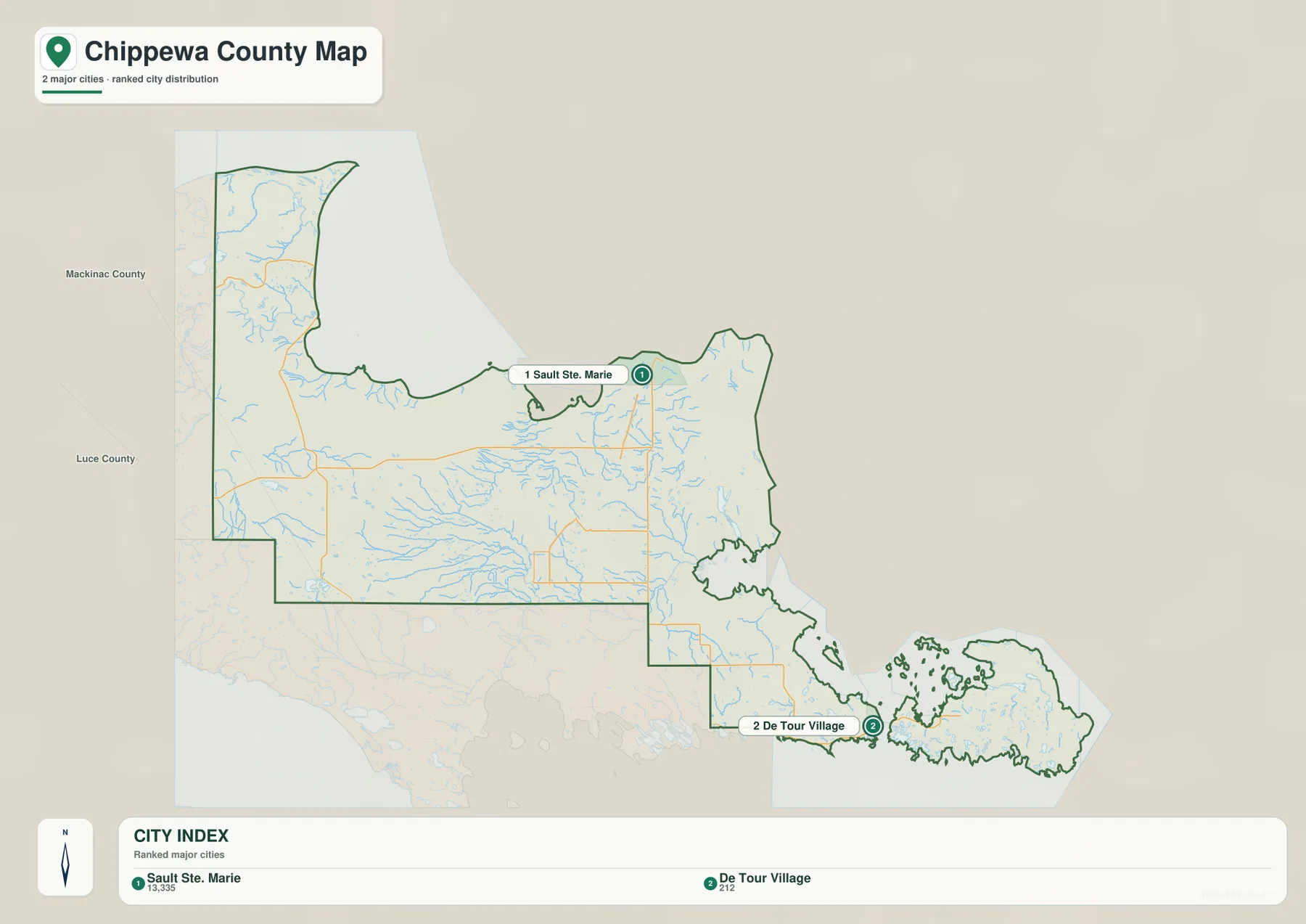 Sault Ste. Marie와 De Tour Village를 번호로 표시한 Chippewa County Michigan 도시 분포 지도