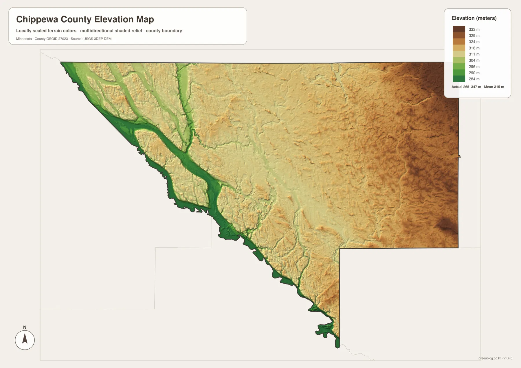 Chippewa County elevation map showing the 265–347 meter range, low Minnesota and Chippewa river valleys, and higher eastern terrain