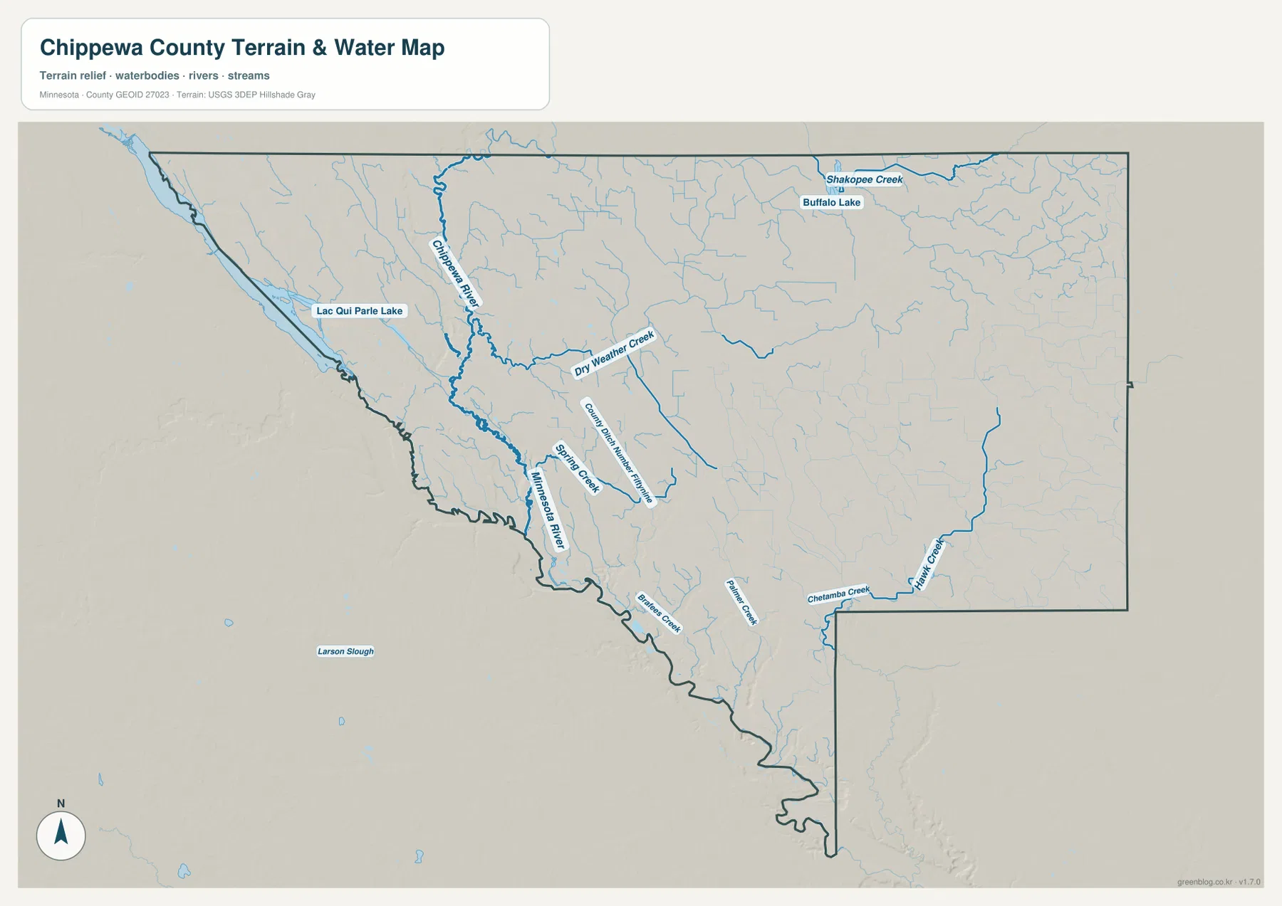 Chippewa County water map showing the Chippewa River, Minnesota River, Lac qui Parle Lake, Shakopee Creek, Buffalo Lake, Chetamba Creek, and Hawk Creek