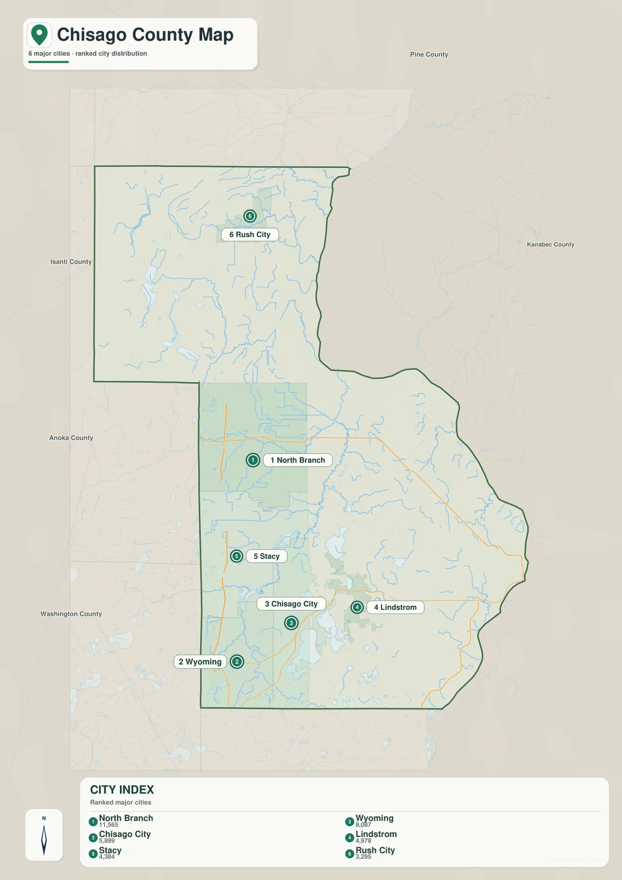 Ranked Chisago County city index showing North Branch, Wyoming, Chisago City, Lindstrom, Stacy, and Rush City