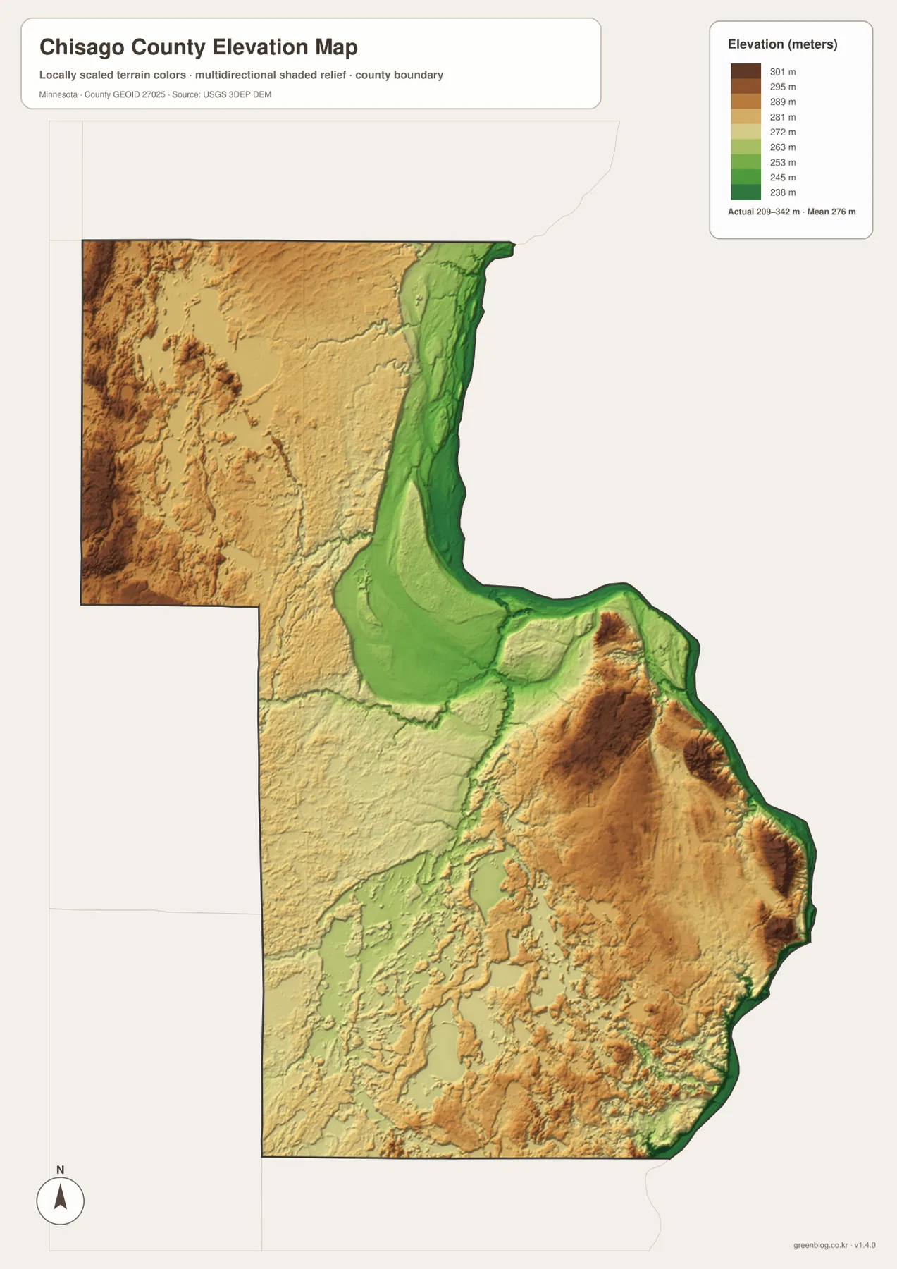 Chisago County elevation map showing the 209–342 meter range, western uplands, low Sunrise and St. Croix river corridors, and southeastern lake basins