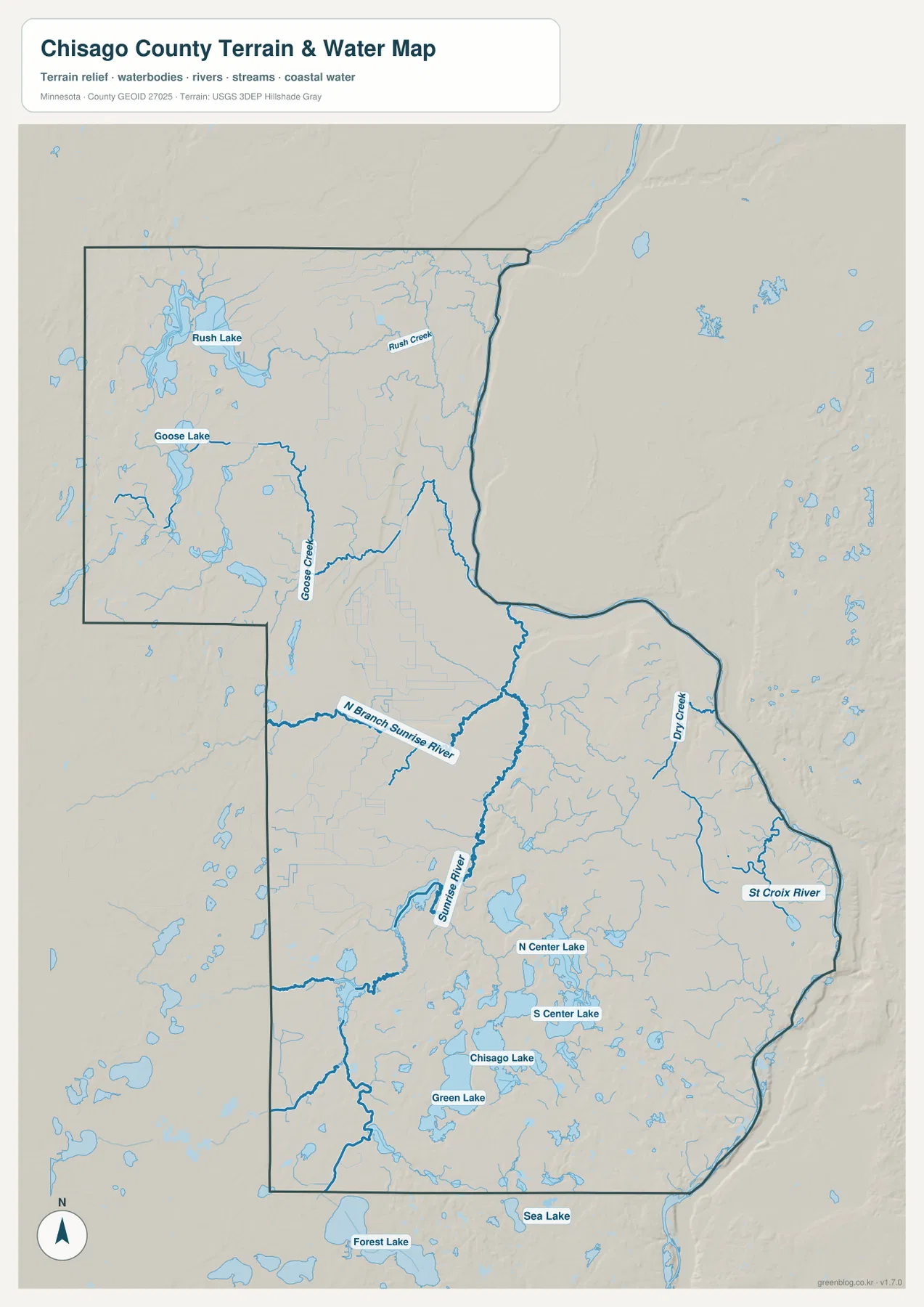 Chisago County water map showing the St. Croix River, Sunrise River, North Branch Sunrise River, Rush Lake, Goose Lake, Chisago Lake, Green Lake, and Center lakes