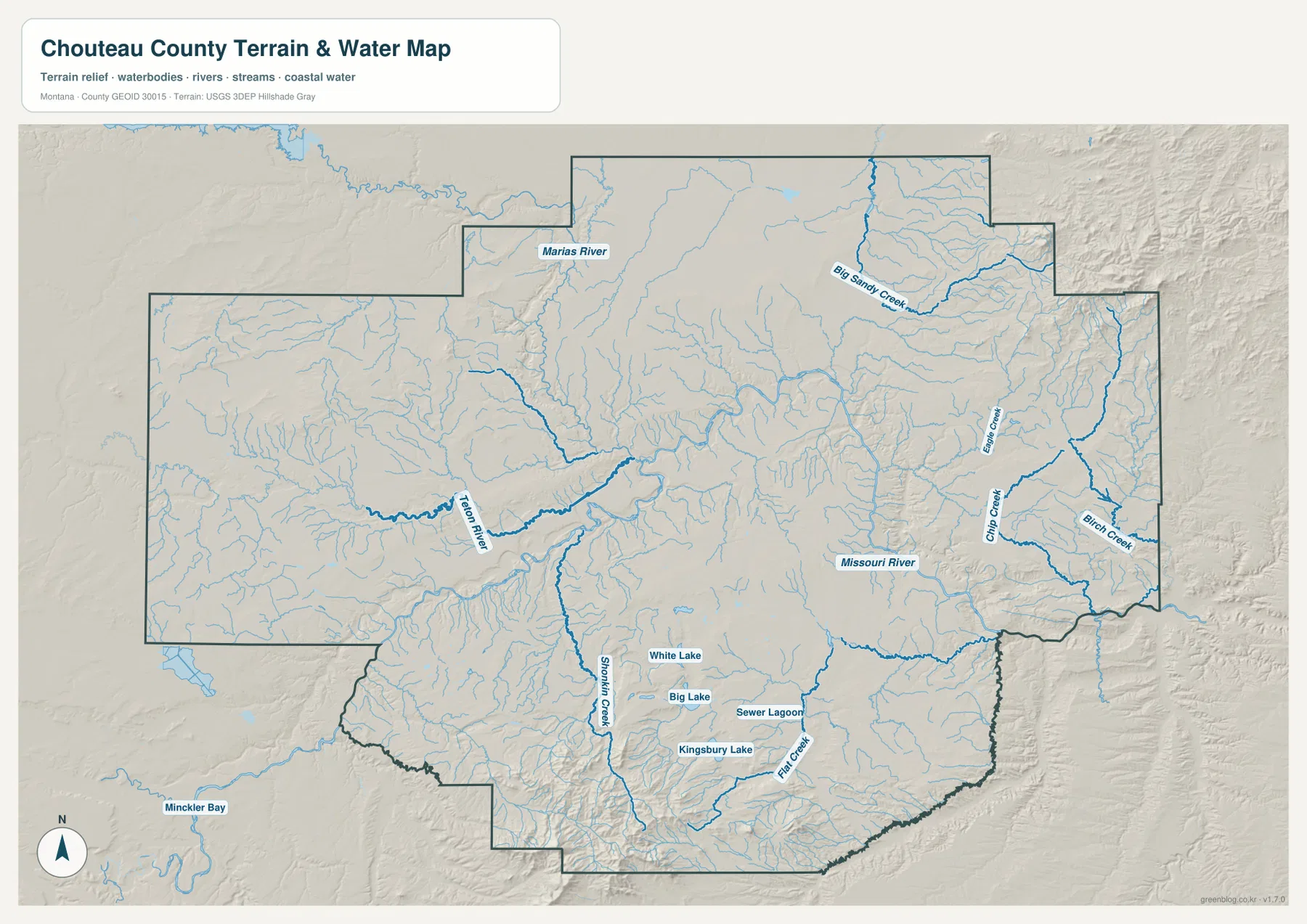 Missouri River, Teton River, Marias River, Big Sandy Creek와 여러 지류를 표시한 Chouteau County 수역 지형 지도