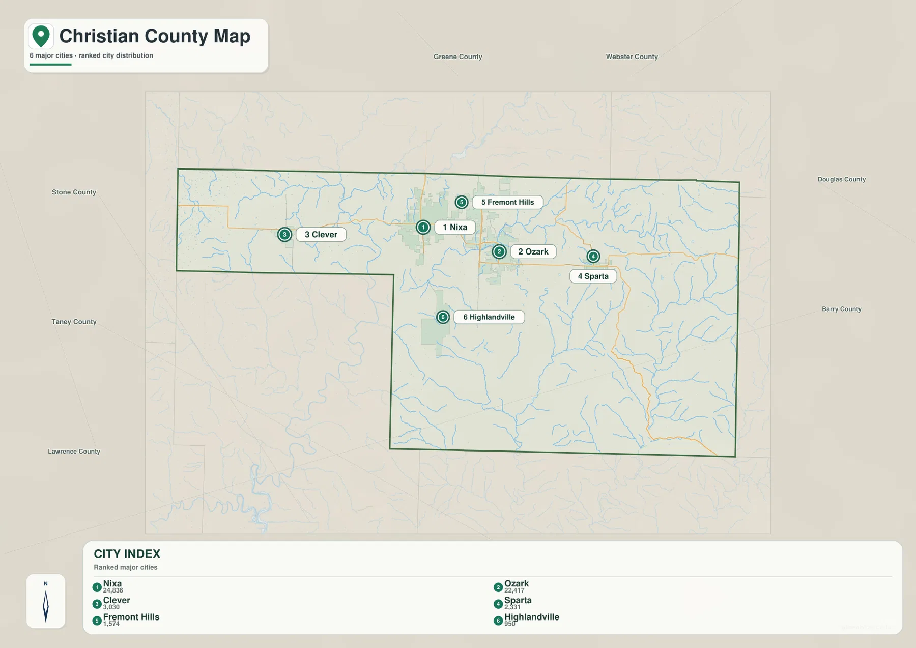 Christian County city map ranking Nixa, Ozark, Clever, Sparta, Fremont Hills, and Highlandville