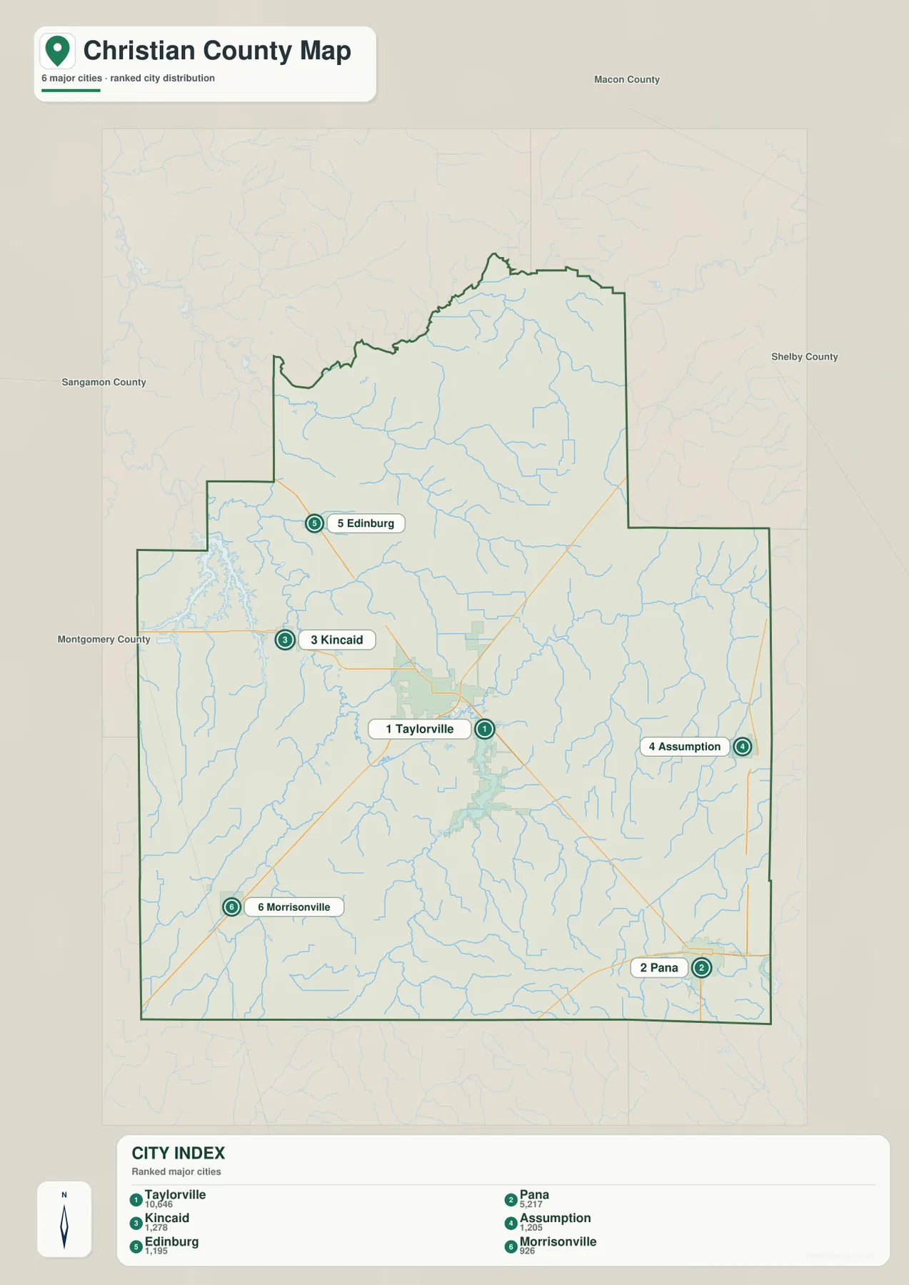 Taylorville, Pana, Kincaid, Assumption, Edinburg, Morrisonville의 위치와 순위를 보여 주는 크리스천 카운티 도시 지도