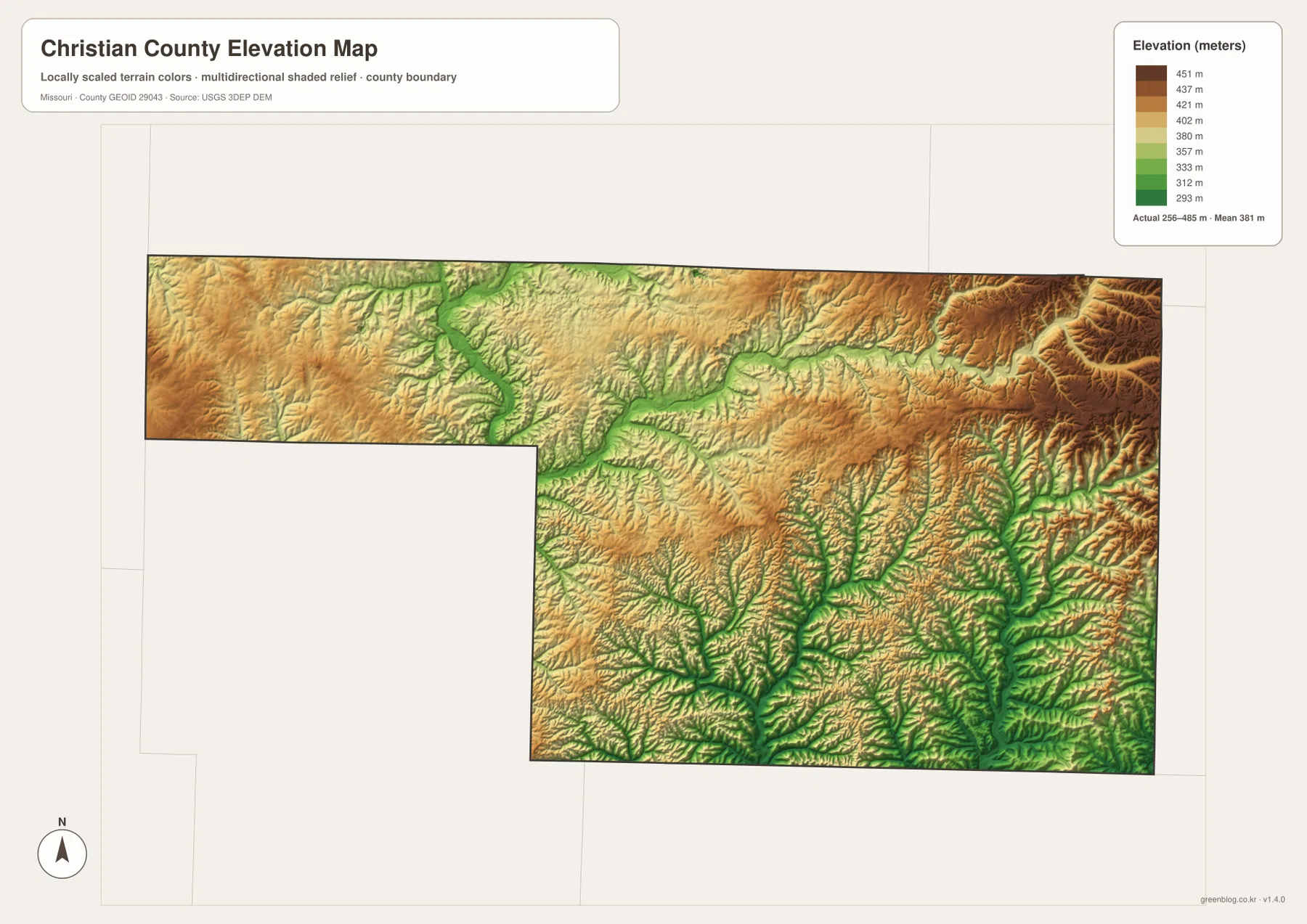 Christian County Missouri elevation map showing roughly 256 to 485 meter terrain and low stream valleys