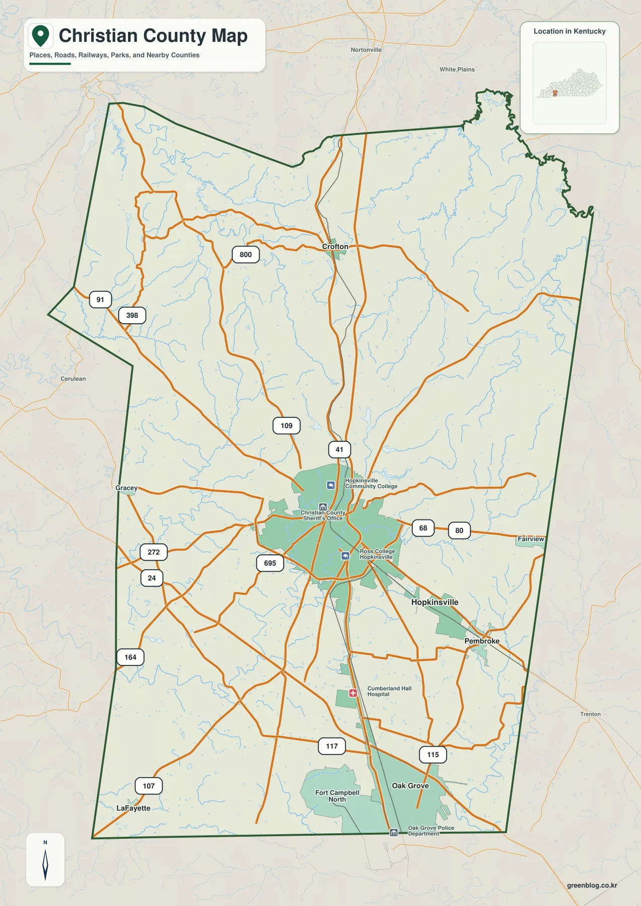 Christian County의 Hopkinsville, Oak Grove, Pembroke, Crofton과 U.S. 41, U.S. 68, KY 80 등 주요 도로를 보여 주는 지도
