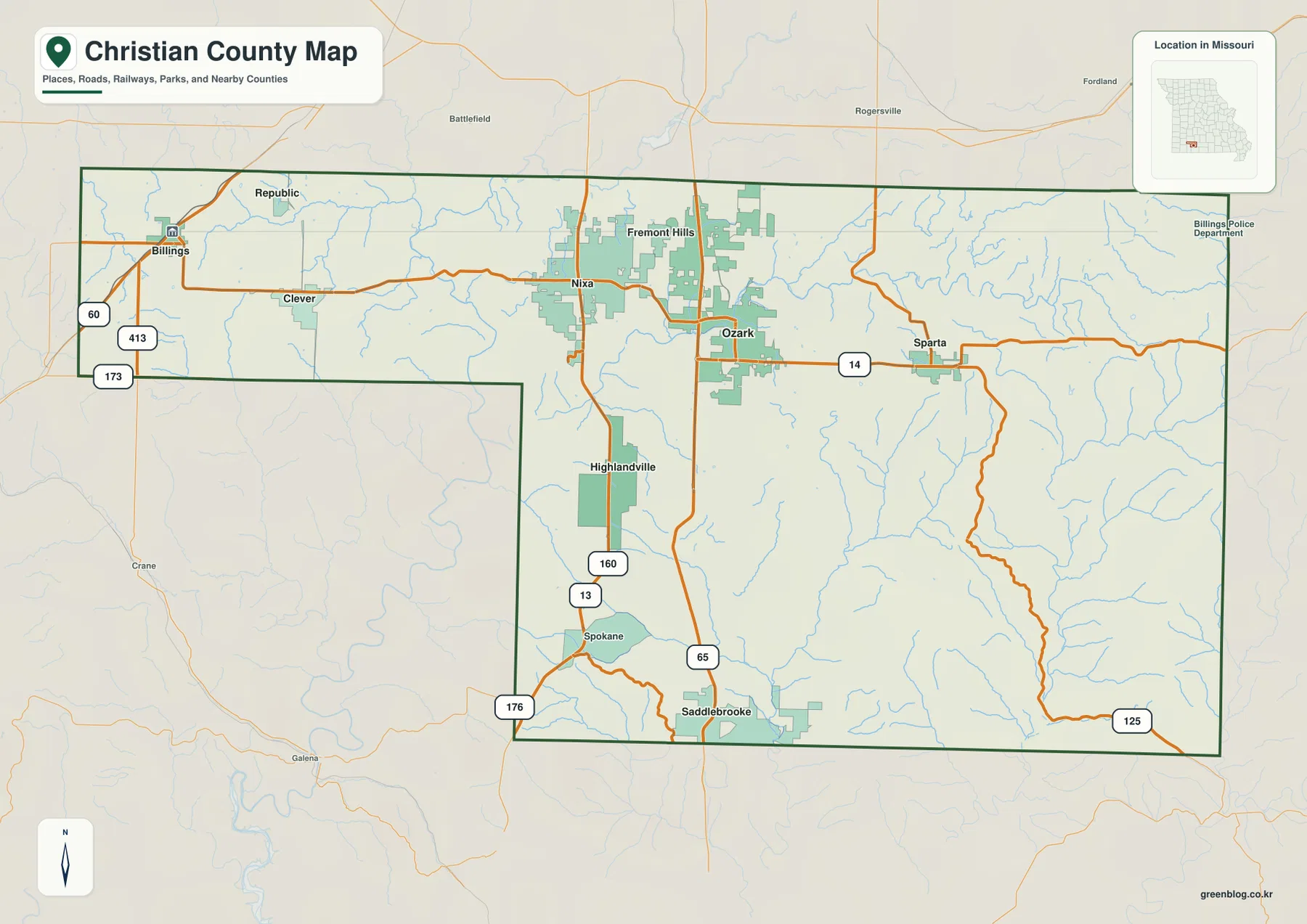 Christian County Missouri general map showing Nixa, Ozark, Clever, Sparta, Highlandville, U.S. 65, and Route 14