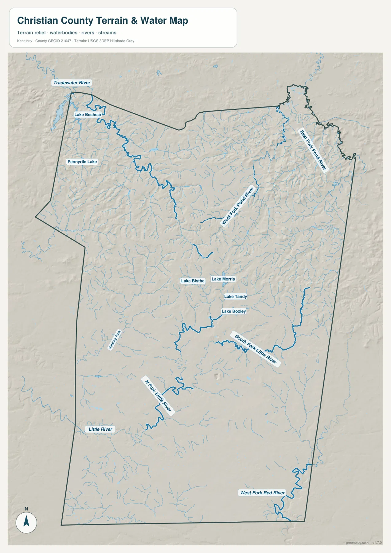 Christian County의 Tradewater River, Pond River 지류, Little River 계통과 Lake Beshear, Pennyrile Lake를 보여 주는 수역 지도