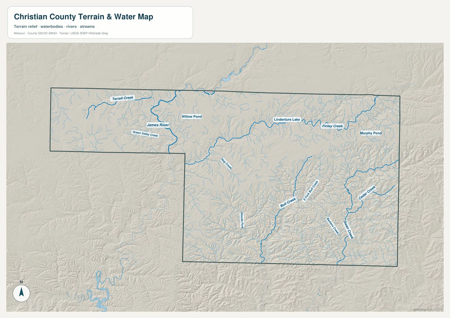 Christian County Missouri terrain and water map with James River, Finley Creek, Bull Creek, Cedar Creek, and tributaries