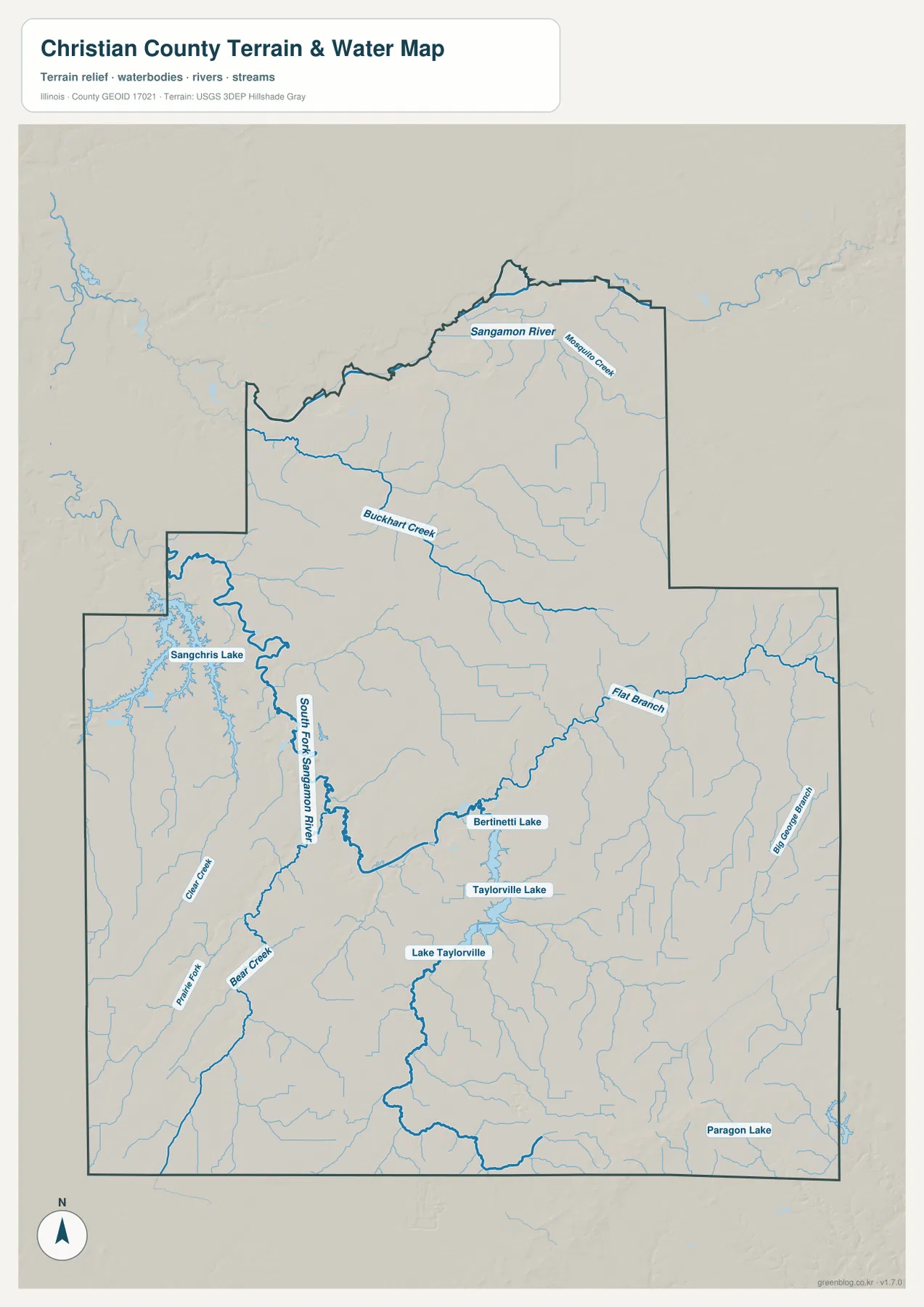 Sangamon River, South Fork Sangamon River, Sangchris Lake, Taylorville Lake, Buckhart Creek와 여러 지류를 보여 주는 크리스천 카운티 수역 지형 지도