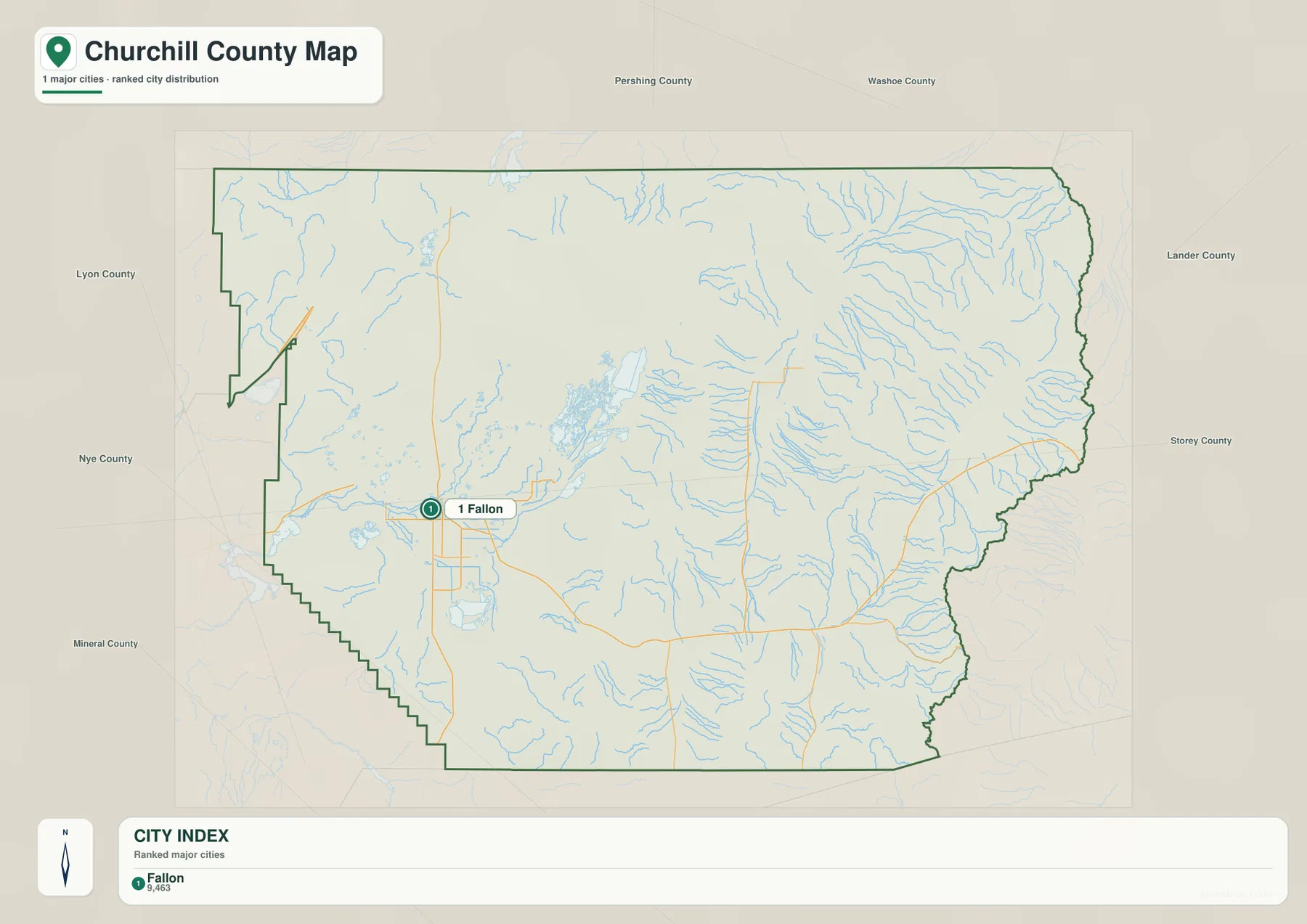 Churchill County city map with Fallon as the only ranked major city