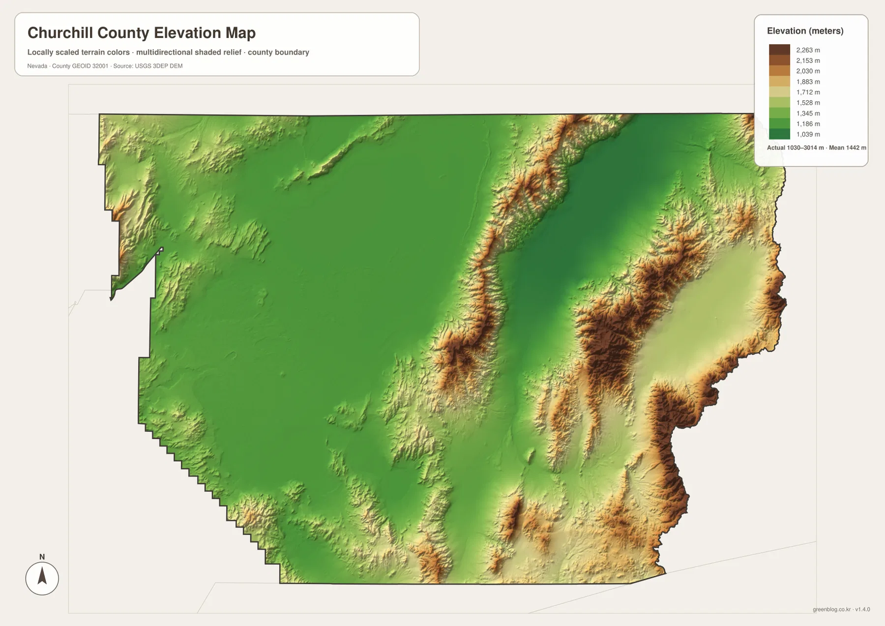 Churchill County elevation map showing low basins around Fallon and high mountain ranges in the central and eastern county