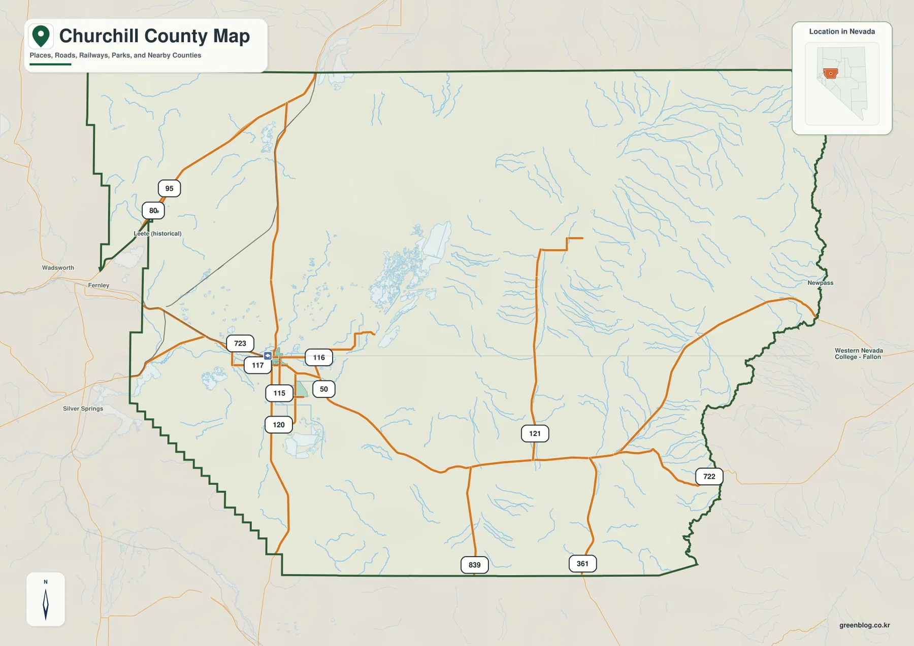 Churchill County Nevada map showing Fallon, U.S. 50, U.S. 95, Nevada routes 115, 116, 117 and 120