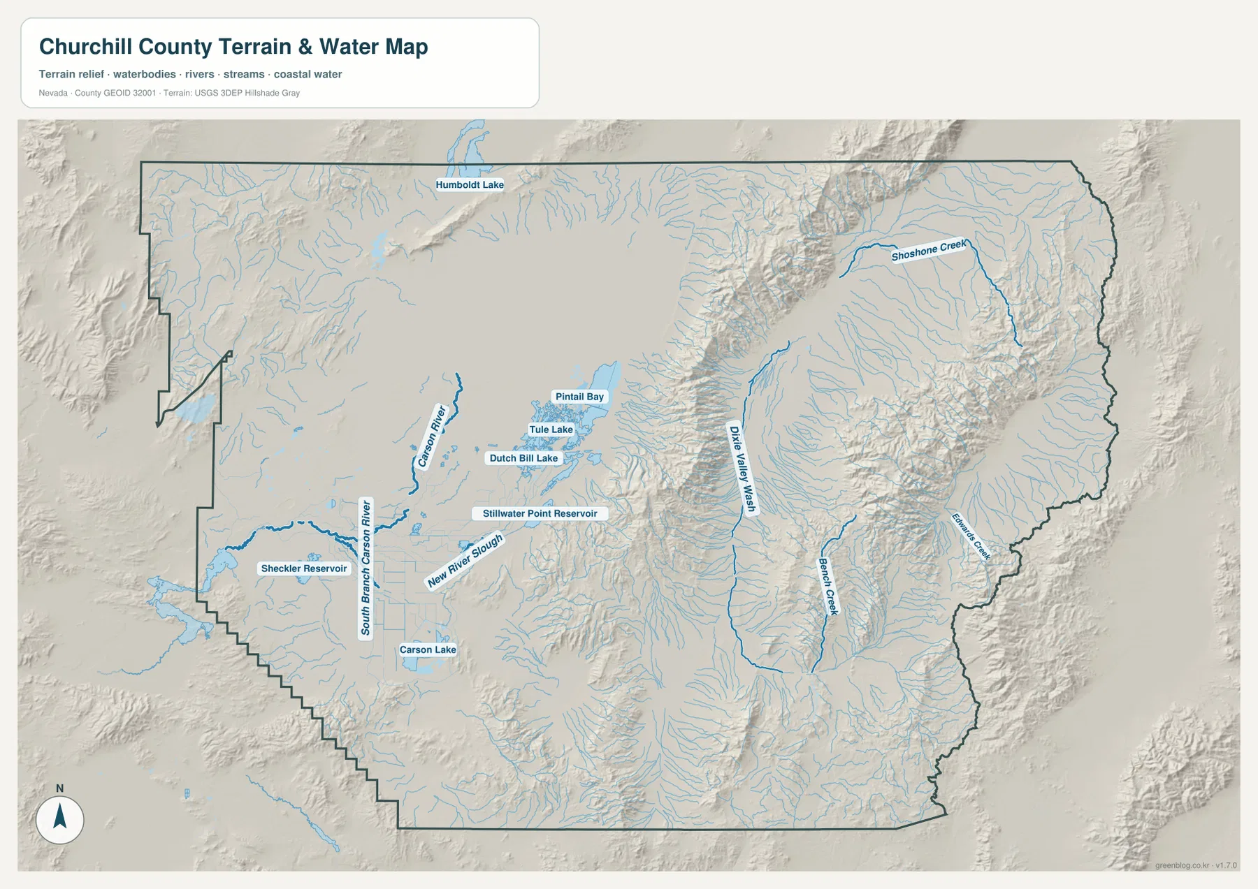 Churchill County water map showing Carson River, South Branch Carson River, Stillwater Point Reservoir, Carson Lake, Tule Lake and other wetlands