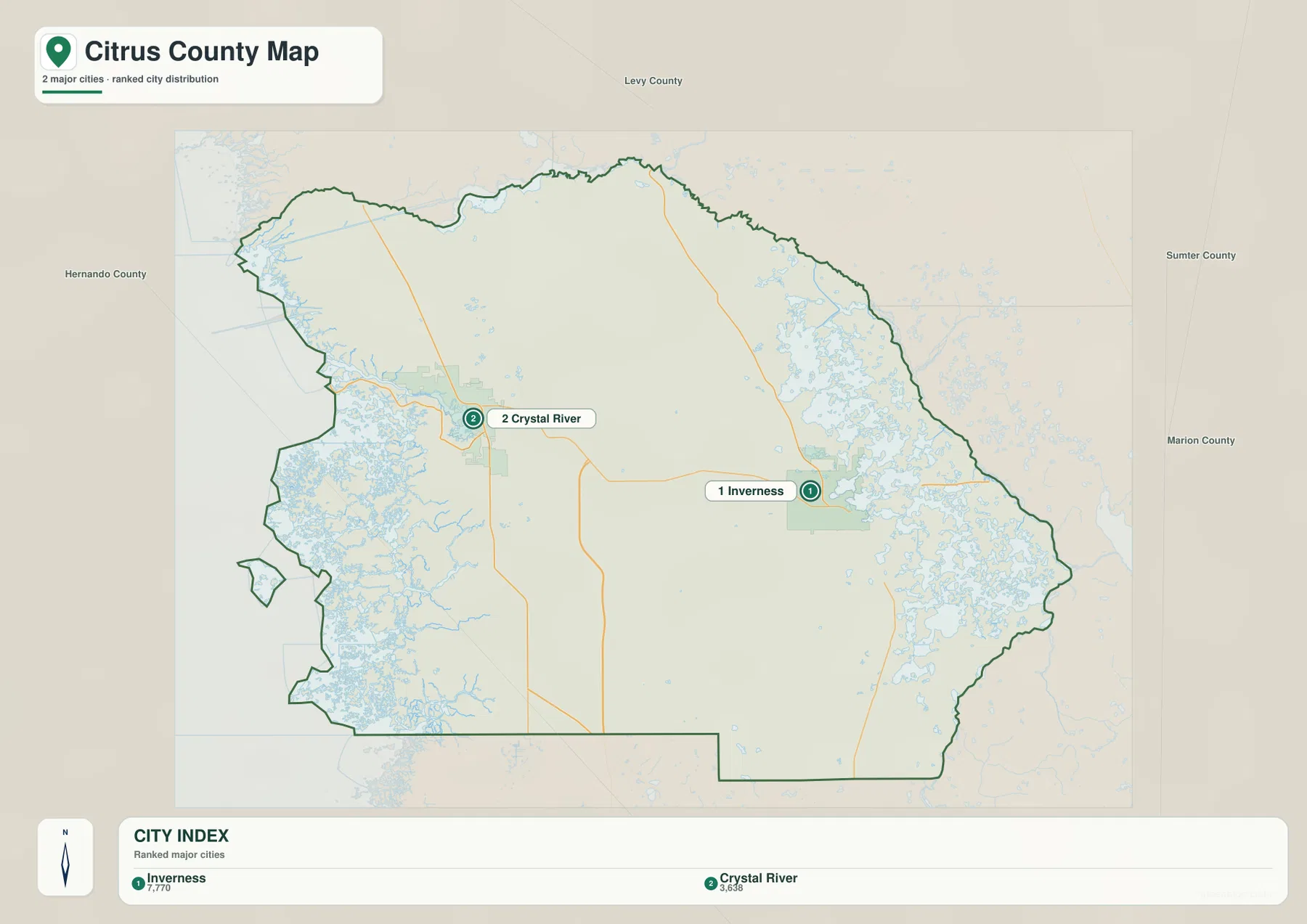 Citrus County city map highlighting Inverness and Crystal River