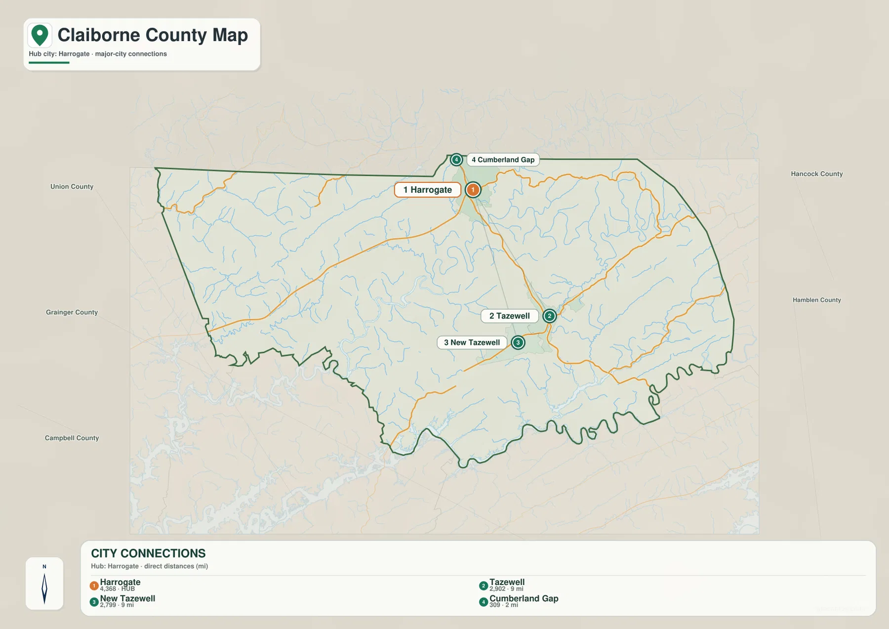 Claiborne County 도시 지도에서 Harrogate, Tazewell, New Tazewell, Cumberland Gap 위치를 비교한 모습