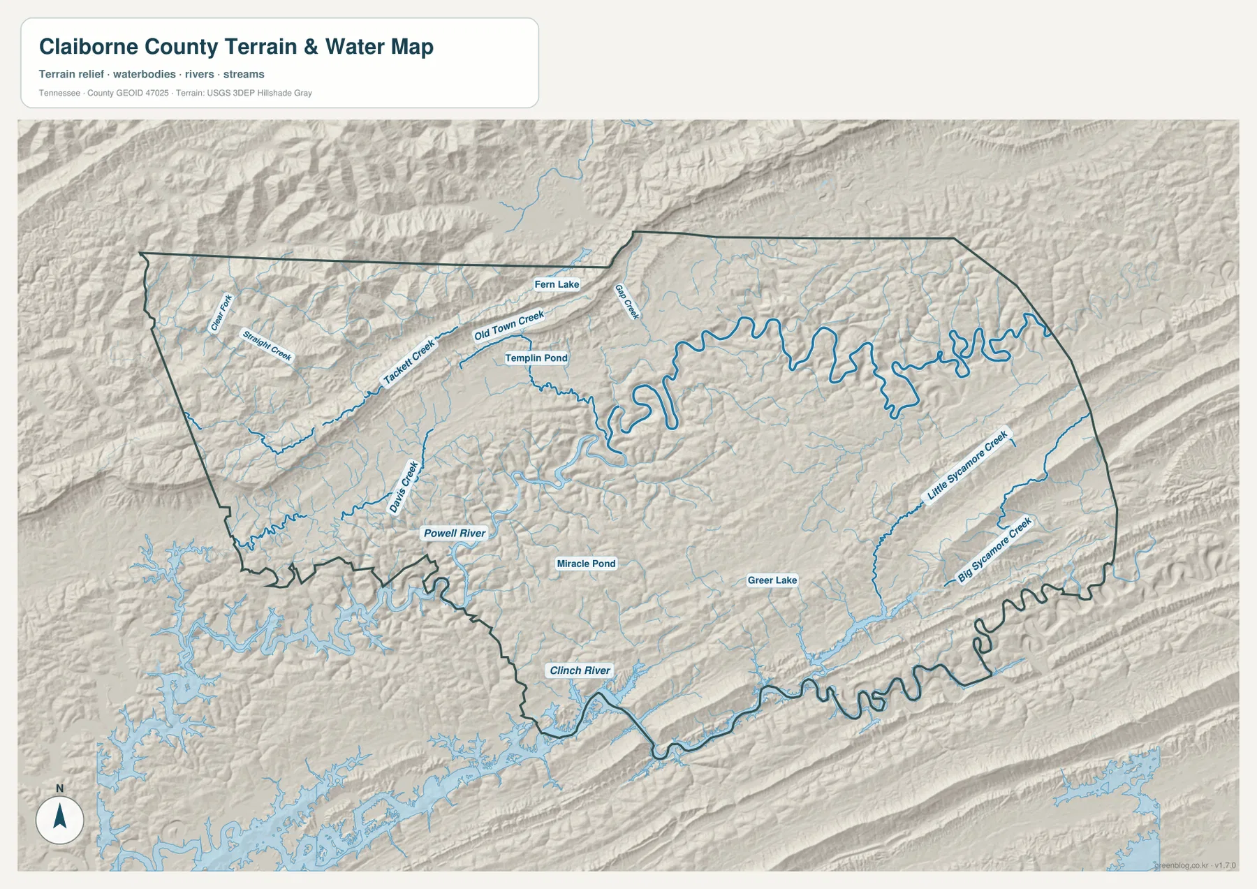 클레이본 카운티 수역 지도에 표시된 Powell River, Clinch River, Old Town Creek, Sycamore Creek 계통