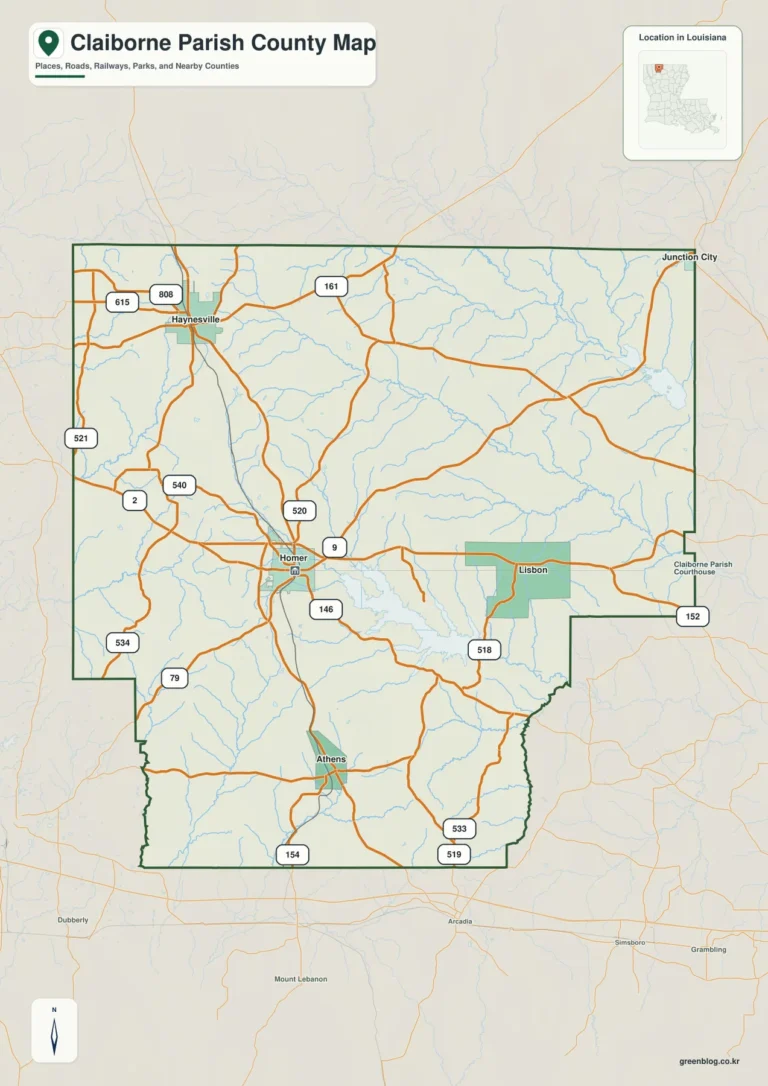 클레이번 패리시 지도(Claiborne Parish) – Homer 도로망과 Lake Claiborne·Bayou D’Arbonne