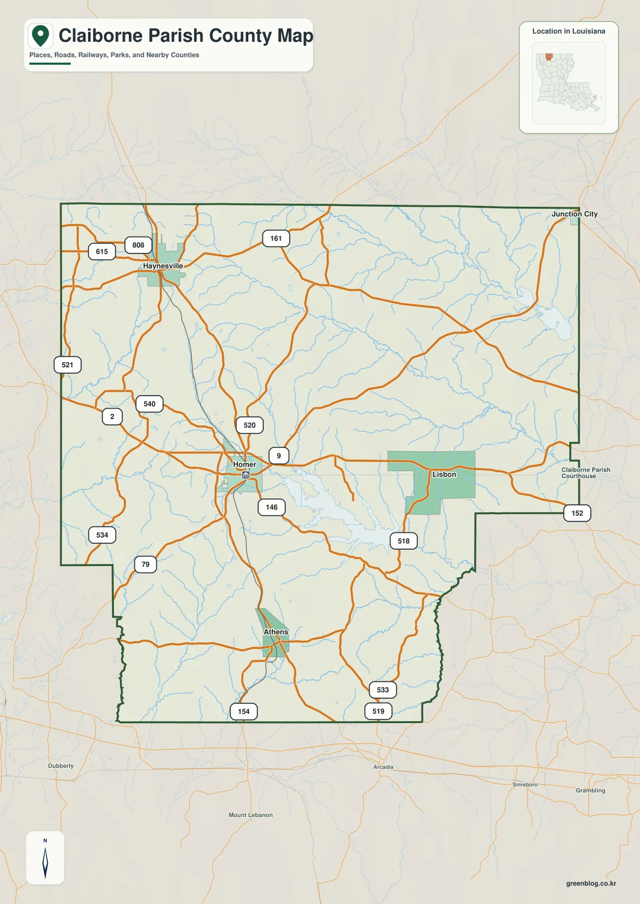 Claiborne Parish road map showing Homer, Haynesville, Athens, Lisbon, Junction City, LA 2, LA 9, LA 79, LA 146, LA 152, LA 154, LA 161, LA 518, LA 520, LA 521, LA 533, LA 534, LA 540, LA 615, and LA 808