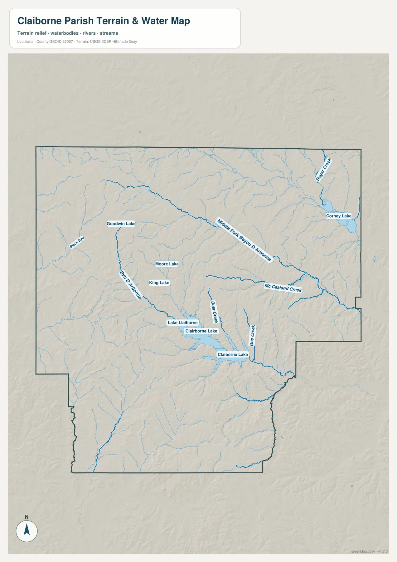 Claiborne Parish terrain and water map showing Lake Claiborne, Bayou D’Arbonne, Middle Fork Bayou D’Arbonne, Bear Creek, McCasland Creek, Sugar Creek, Corney Lake, Goodwyn Lake, Moore Lake, and King Lake