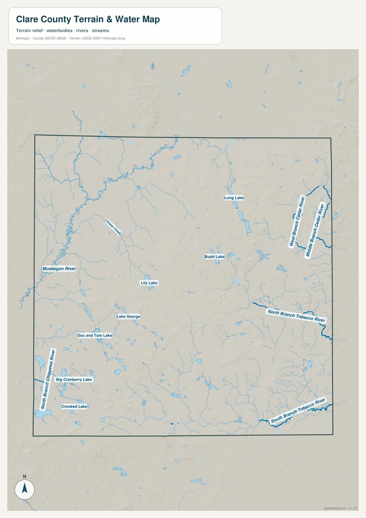 Muskegon River, Cedar River 지류, Tobacco River 지류, North Branch Chippewa River, Budd Lake, Long Lake, Lily Lake와 여러 호수가 표시된 Clare County 지형 수역 지도