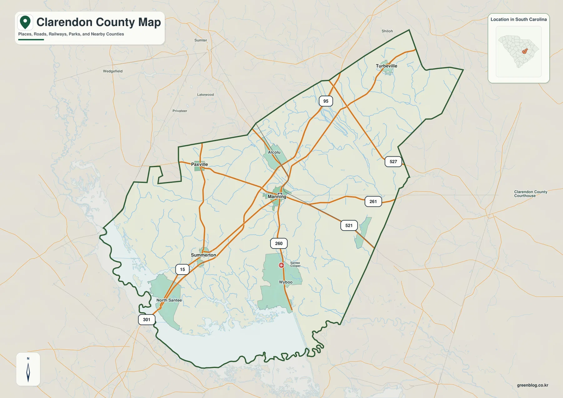 Clarendon County map showing Manning, Summerton, Turbeville, Paxville, and major numbered routes