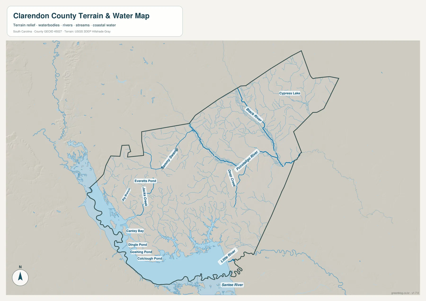 Clarendon County terrain and water map with Black River, Pocotaligo River, Santee River, ponds, and tributaries