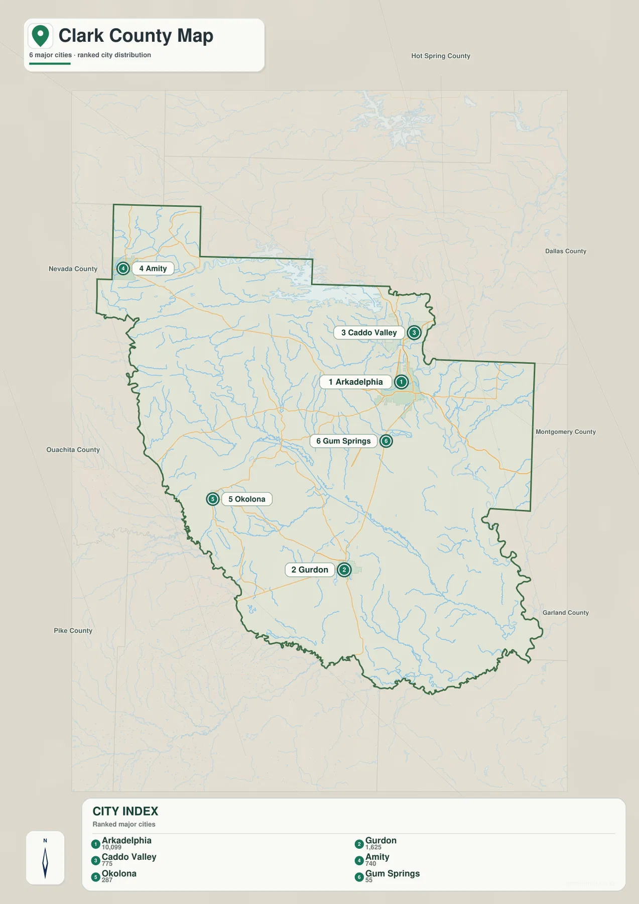 클라크 카운티 도시 지도에 Arkadelphia, Gurdon, Caddo Valley, Amity, Okolona, Gum Springs가 표시된 모습