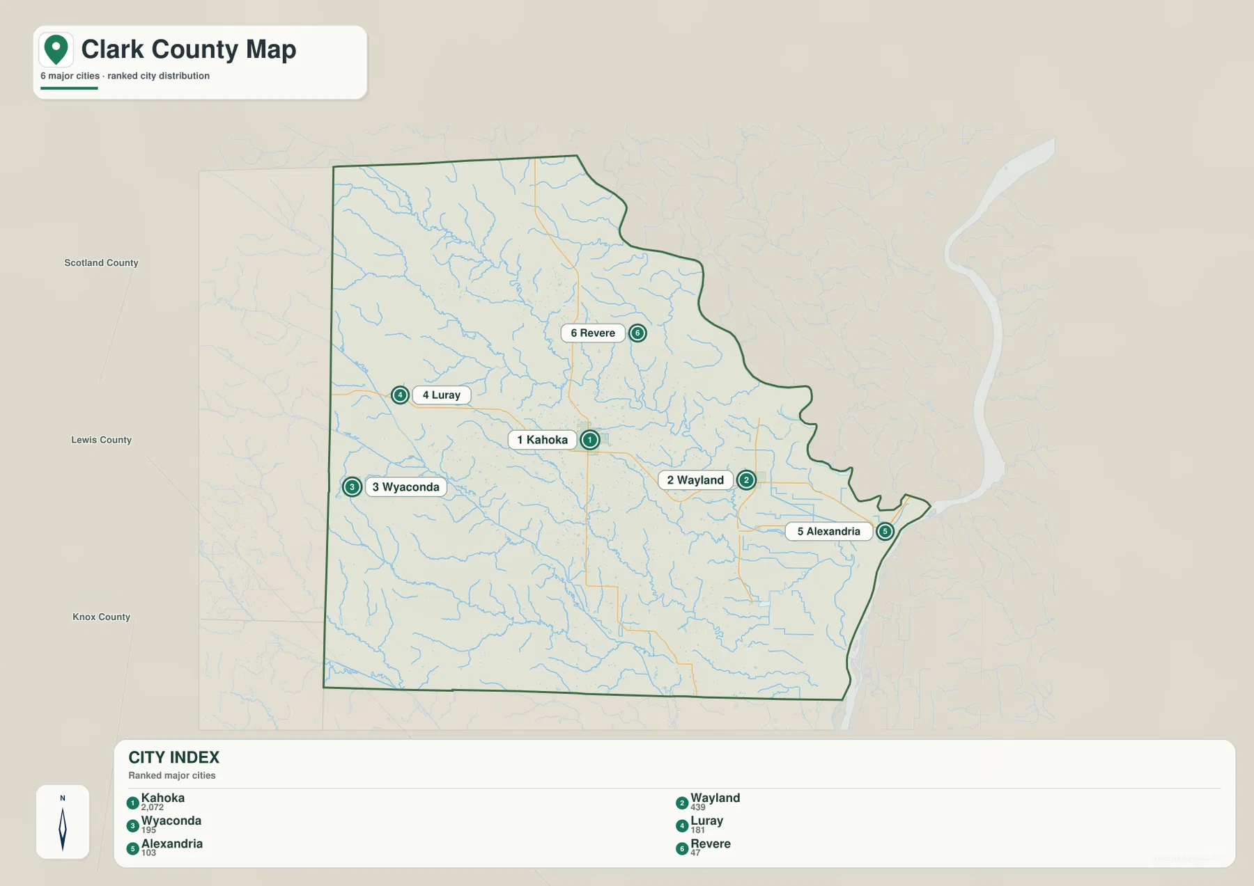 Clark County Missouri ranked city map showing Kahoka, Wayland, Wyaconda, Luray, Alexandria and Revere