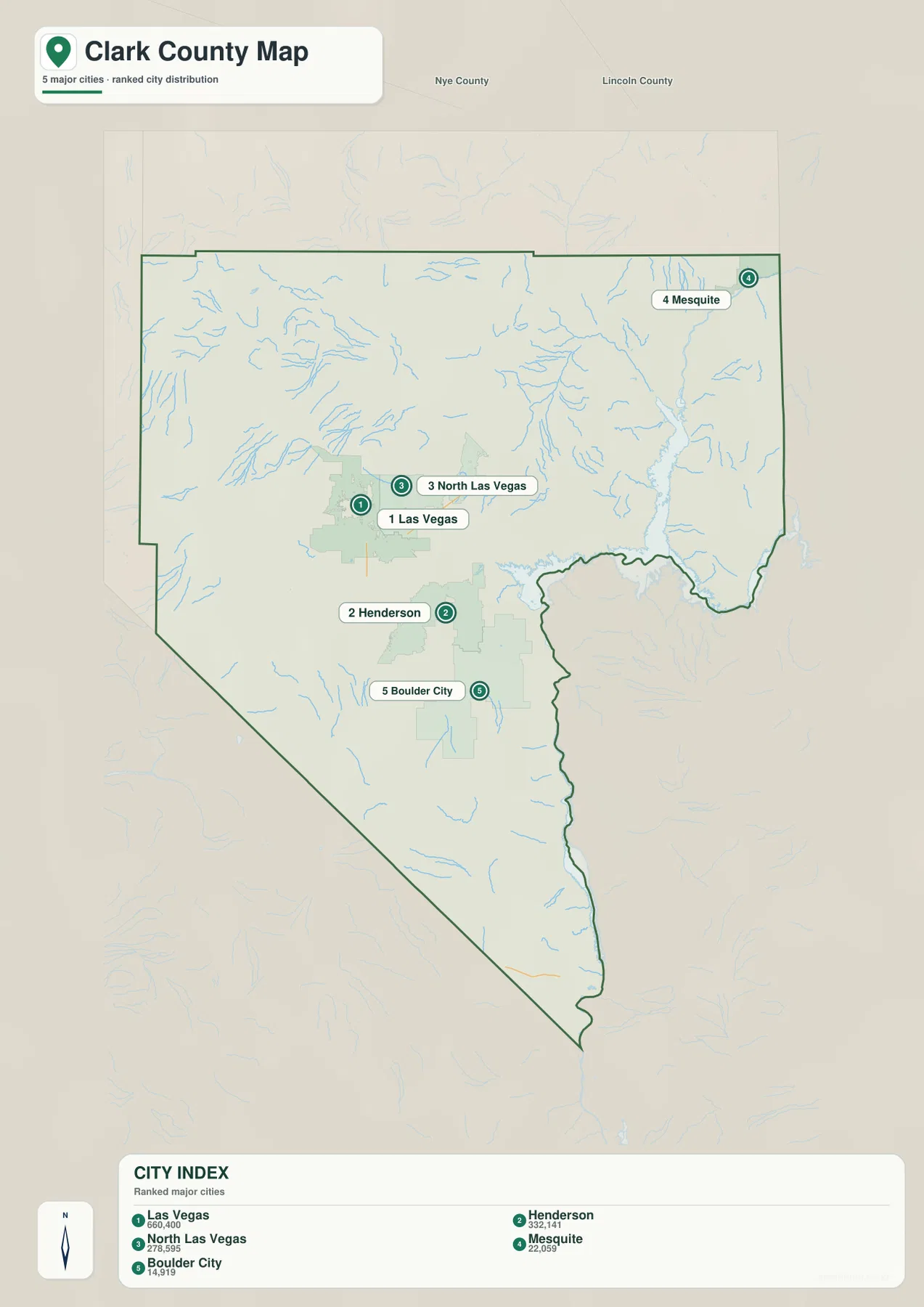 Clark County city map showing Las Vegas, Henderson, North Las Vegas, Mesquite and Boulder City