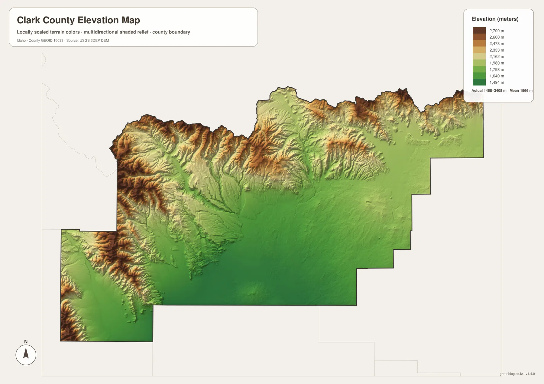 Clark County elevation map showing lower central terrain and high northern and western mountains