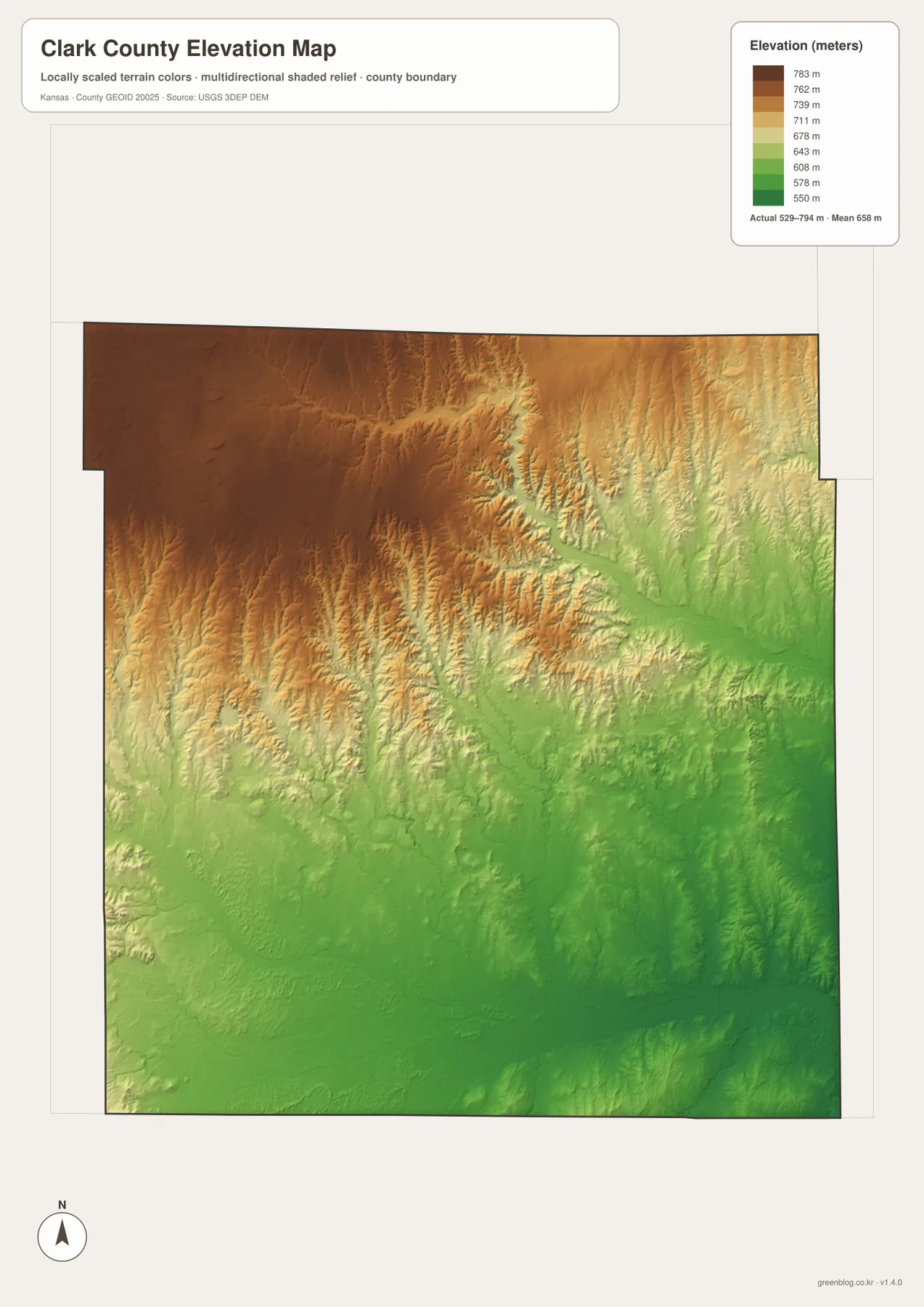 Clark County Kansas elevation map showing approximately 529 to 794 meters, high northwestern ground, lower southeastern terrain, and creek valleys