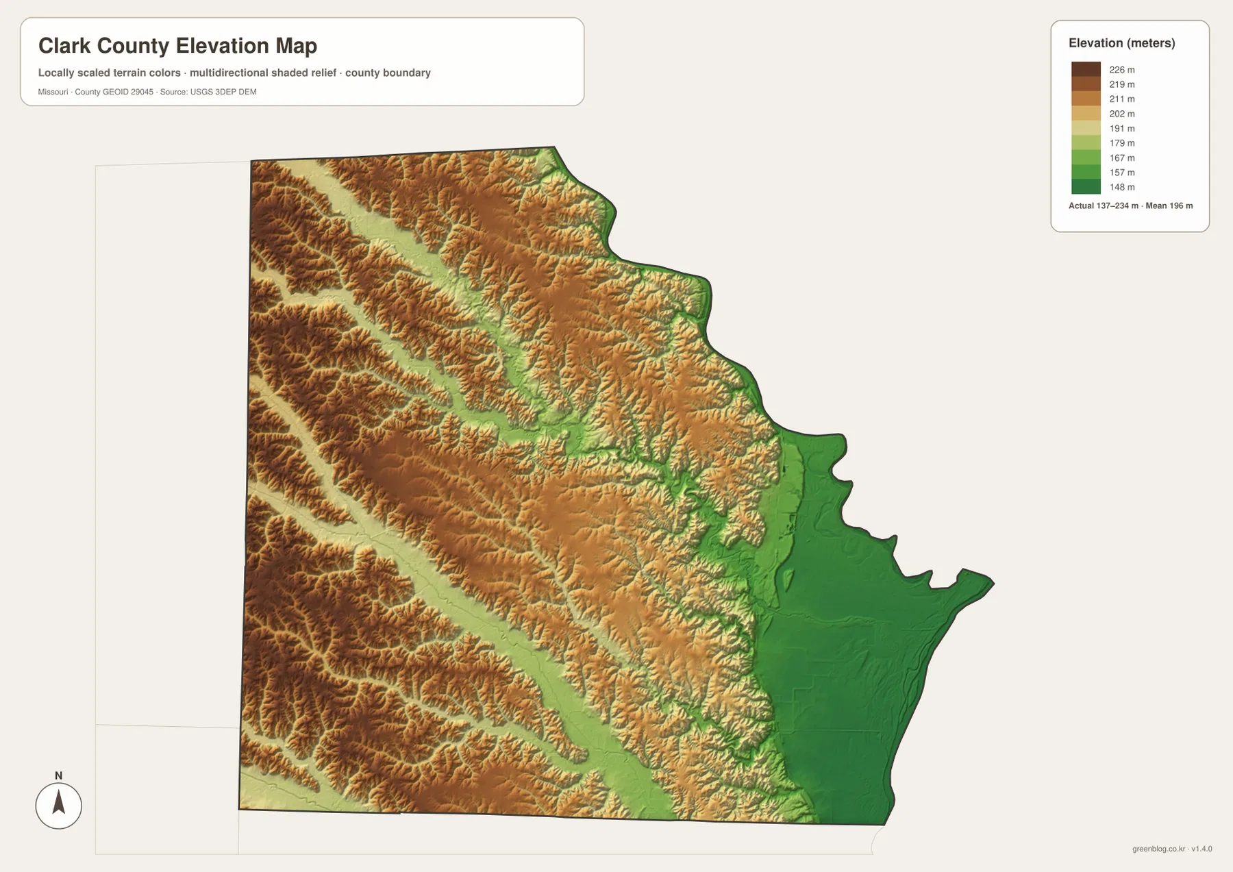 Clark County Missouri elevation map showing the 137 to 234 meter range, Fox River valleys and low eastern bottomlands