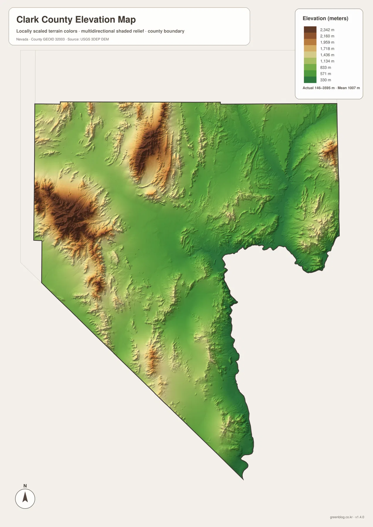 Clark County elevation map showing high Spring Mountains and Mount Charleston west of Las Vegas and low Lake Mead and Colorado River terrain to the east