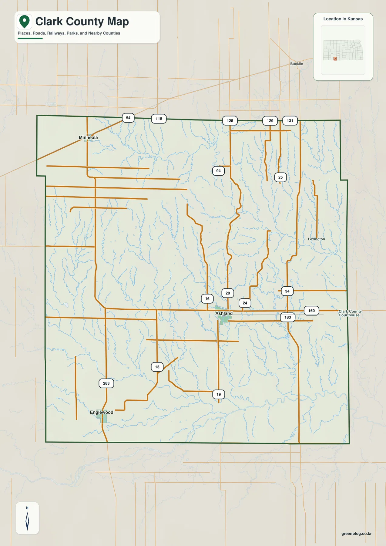 Clark County Kansas general map showing Ashland, Minneola, Englewood, major routes, waterways, and the county boundary
