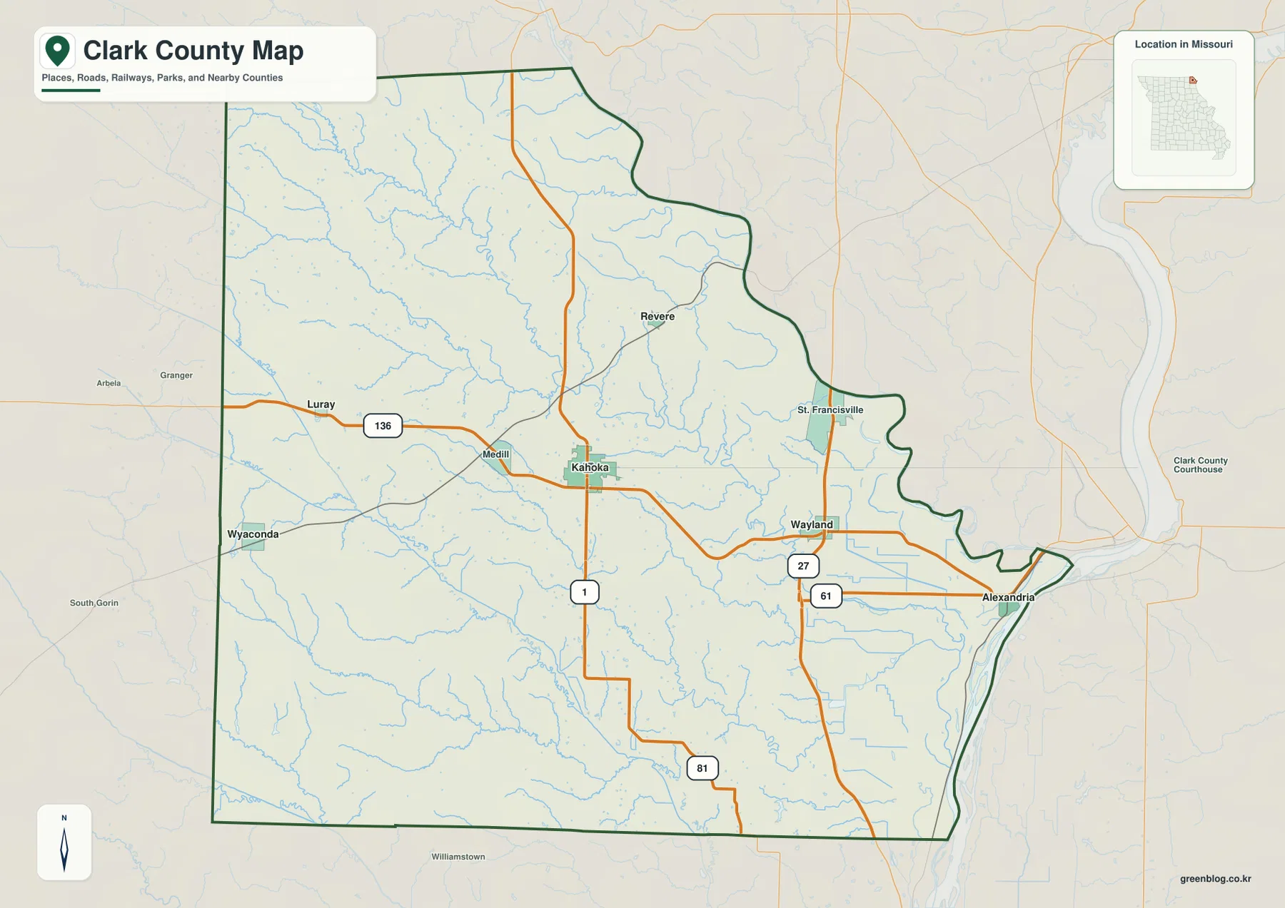 Clark County Missouri general map showing Kahoka, U.S. 136, Route 1, Wayland, Alexandria and the county boundary