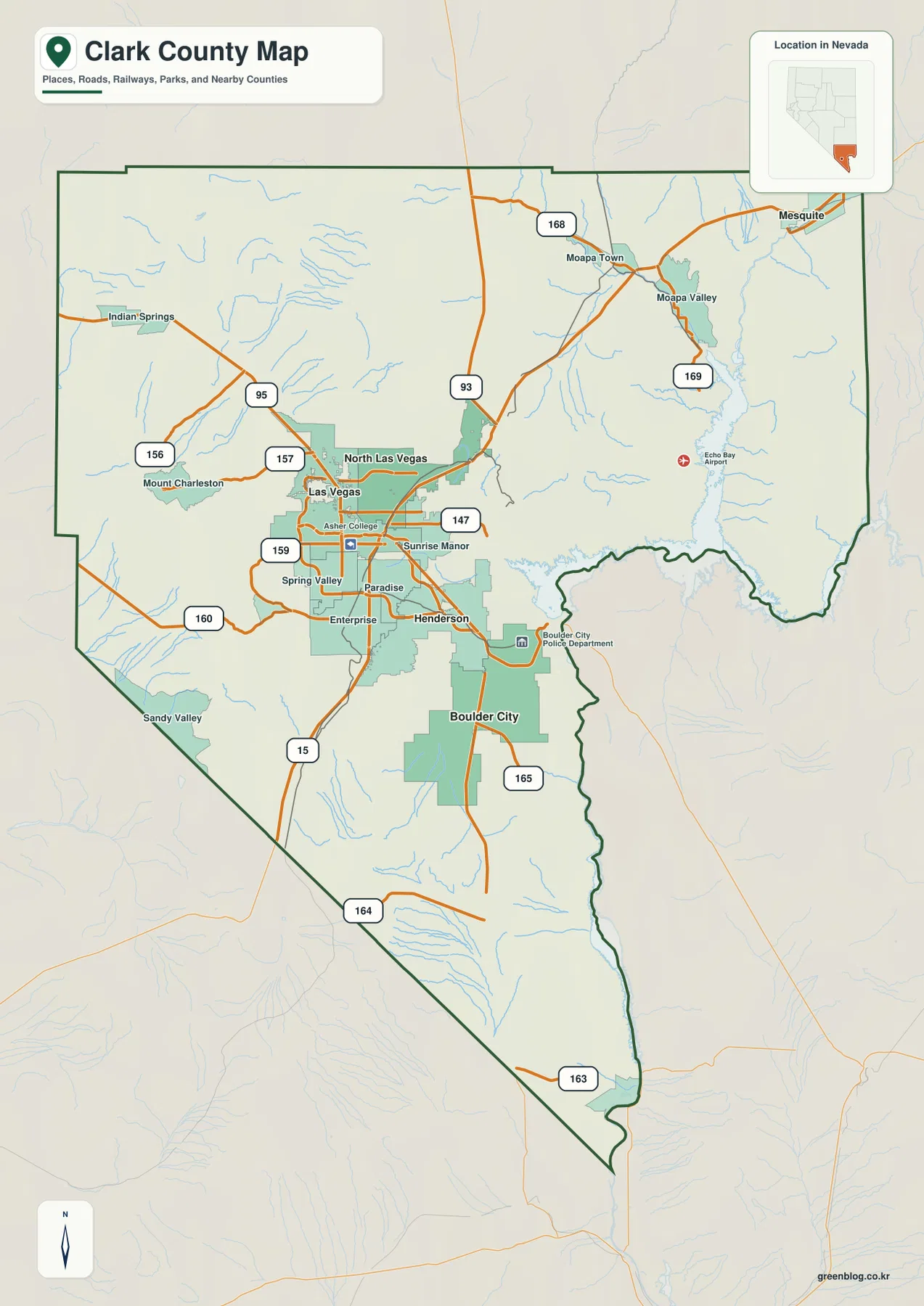 Clark County Nevada map showing Las Vegas, Henderson, North Las Vegas, Boulder City, Mesquite, I-15, U.S. 95 and major state routes