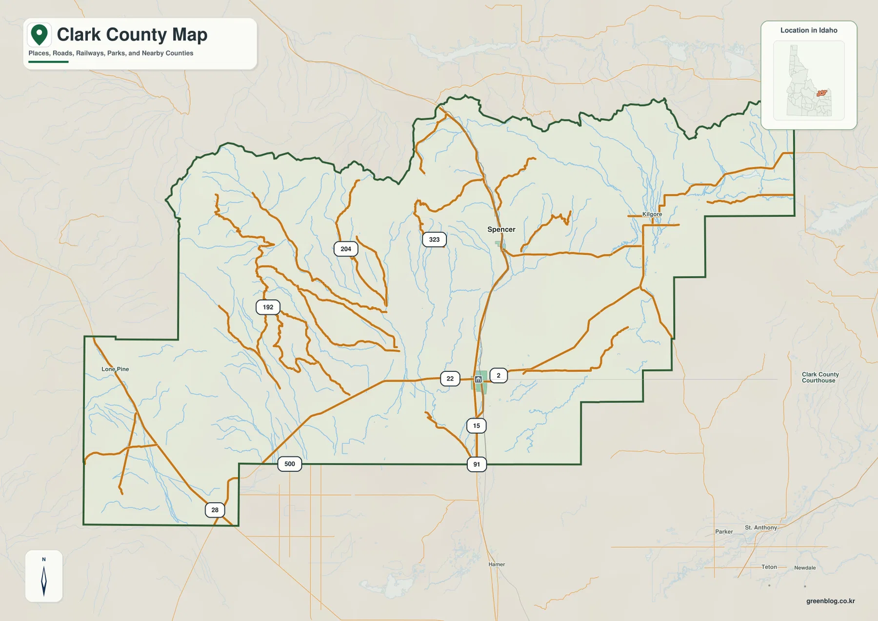 Clark County Idaho map showing Dubois, Spencer, Kilgore, Lone Pine, Interstate 15 and major roads