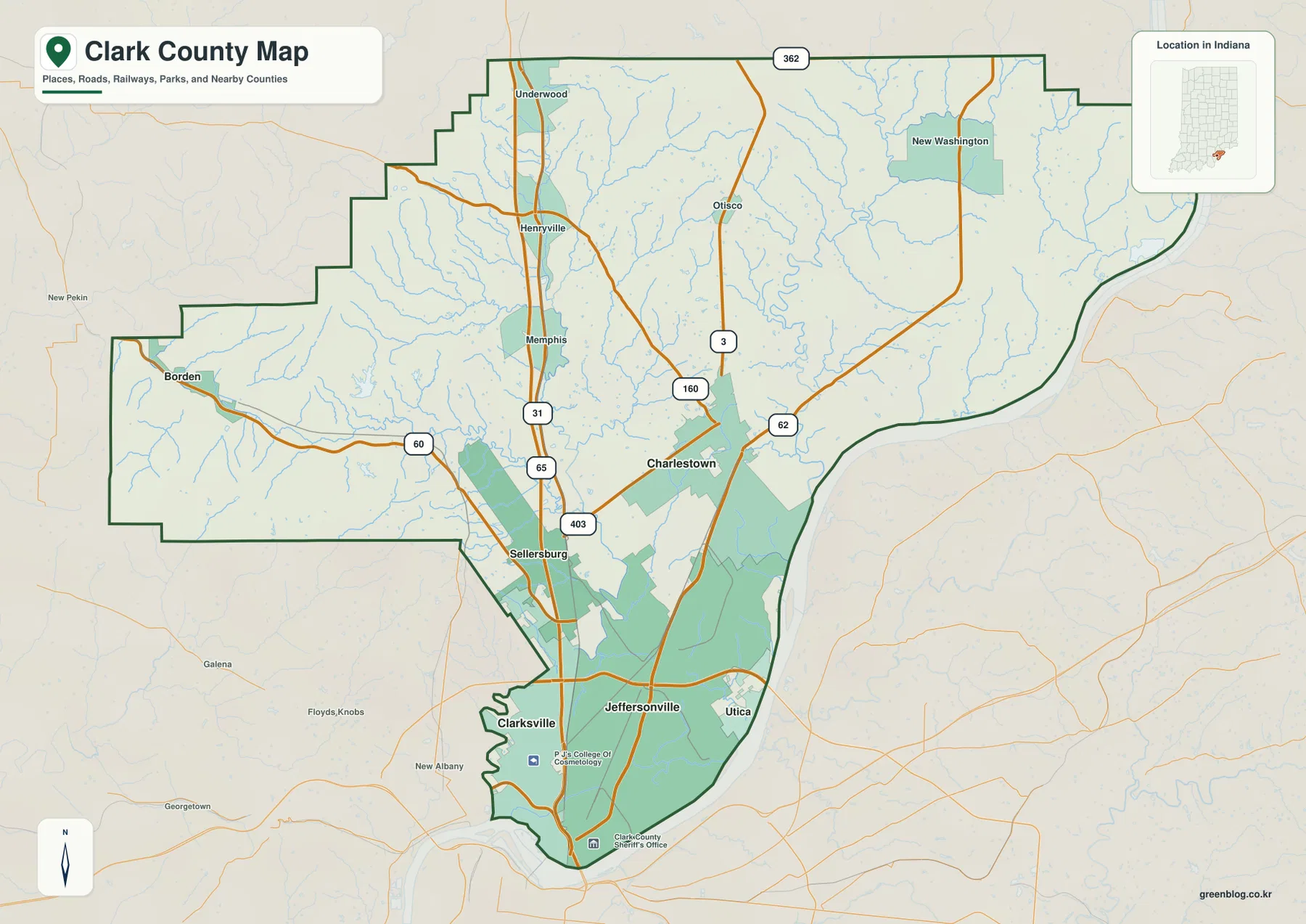 인디애나 Clark County 기본 지도에서 Jeffersonville, Clarksville, Sellersburg, Charlestown, Borden과 I-65, SR 62, SR 60을 표시한 모습