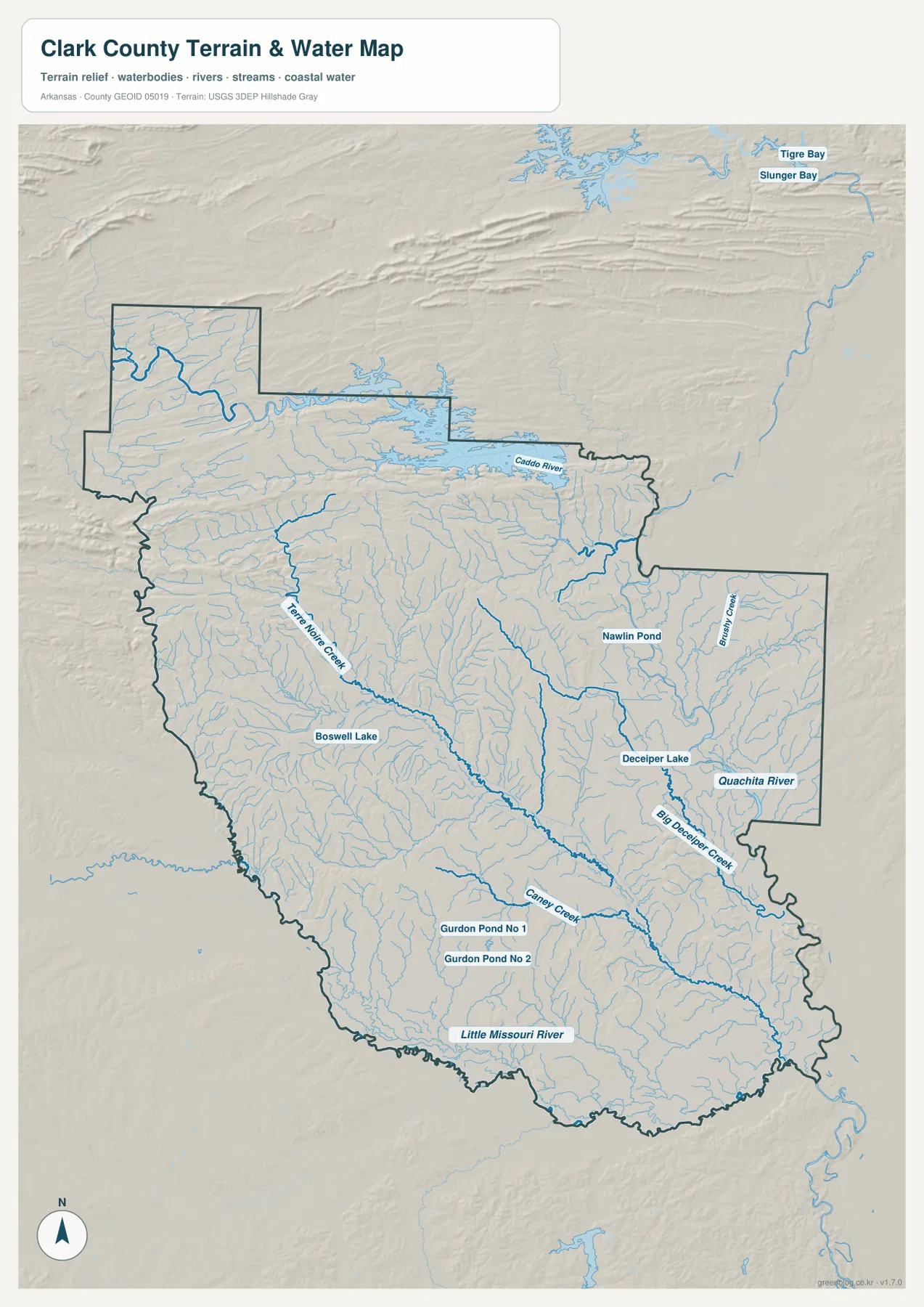 클라크 카운티 수역 지도에 Caddo River, Ouachita River, Little Missouri River와 여러 지류가 표시된 모습