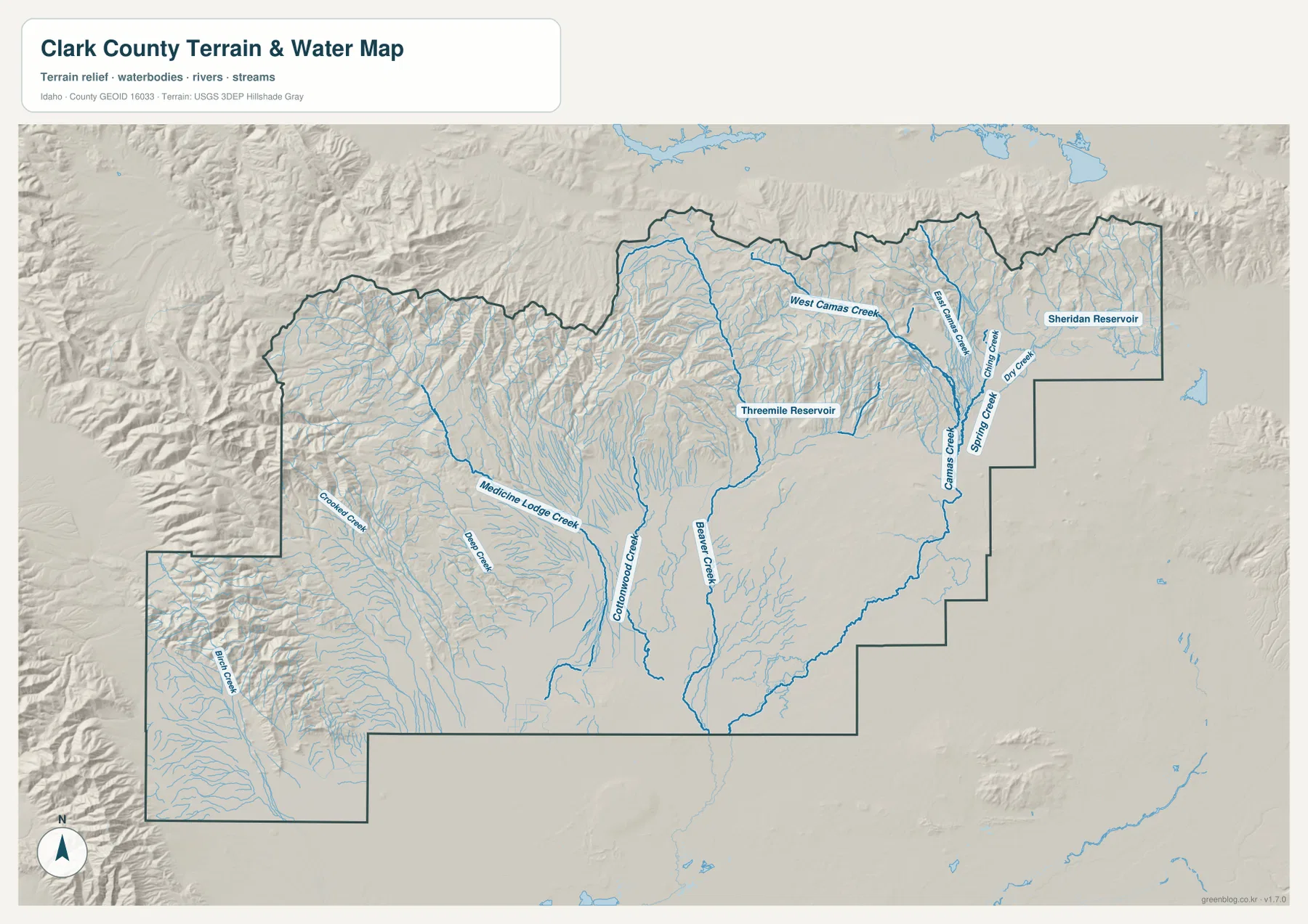 Clark County terrain and water map showing Camas Creek, Medicine Lodge Creek, Birch Creek, Threemile Reservoir and Sheridan Reservoir