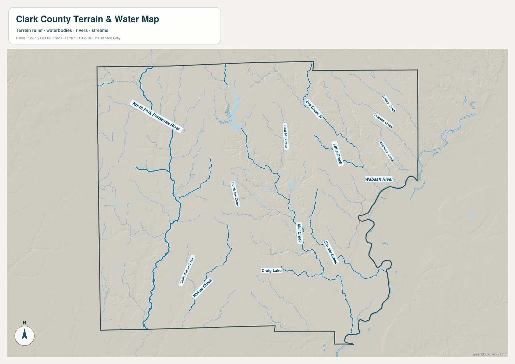 North Fork Embarras River, Wabash River, Hurricane Creek, Mill Creek, Snyder Creek, Craig Lake와 여러 지류를 보여 주는 클라크 카운티 수역 지형 지도
