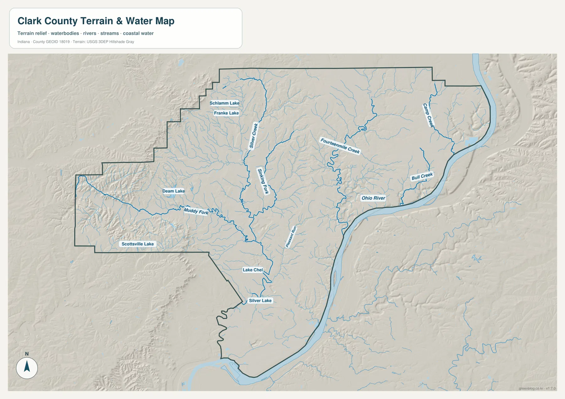 Clark County 지형 수역 지도에서 Ohio River, Silver Creek, Sinking Fork, Fourteenmile Creek, Camp Creek, Bull Creek와 Deam Lake를 표시한 모습
