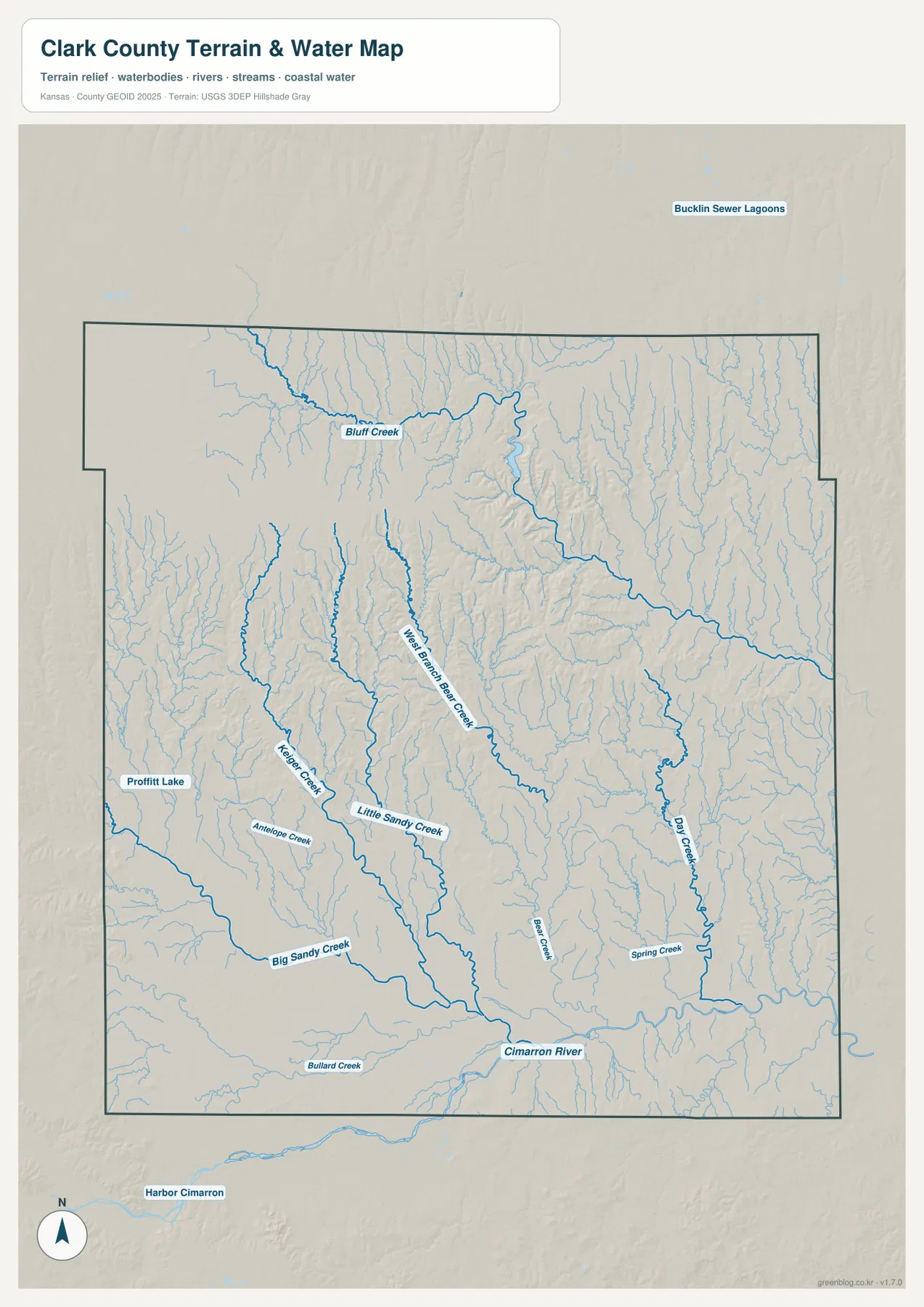 Clark County Kansas water and terrain map showing Cimarron River, Bluff Creek, West Branch Bear Creek, Big Sandy Creek, Little Sandy Creek, and tributaries
