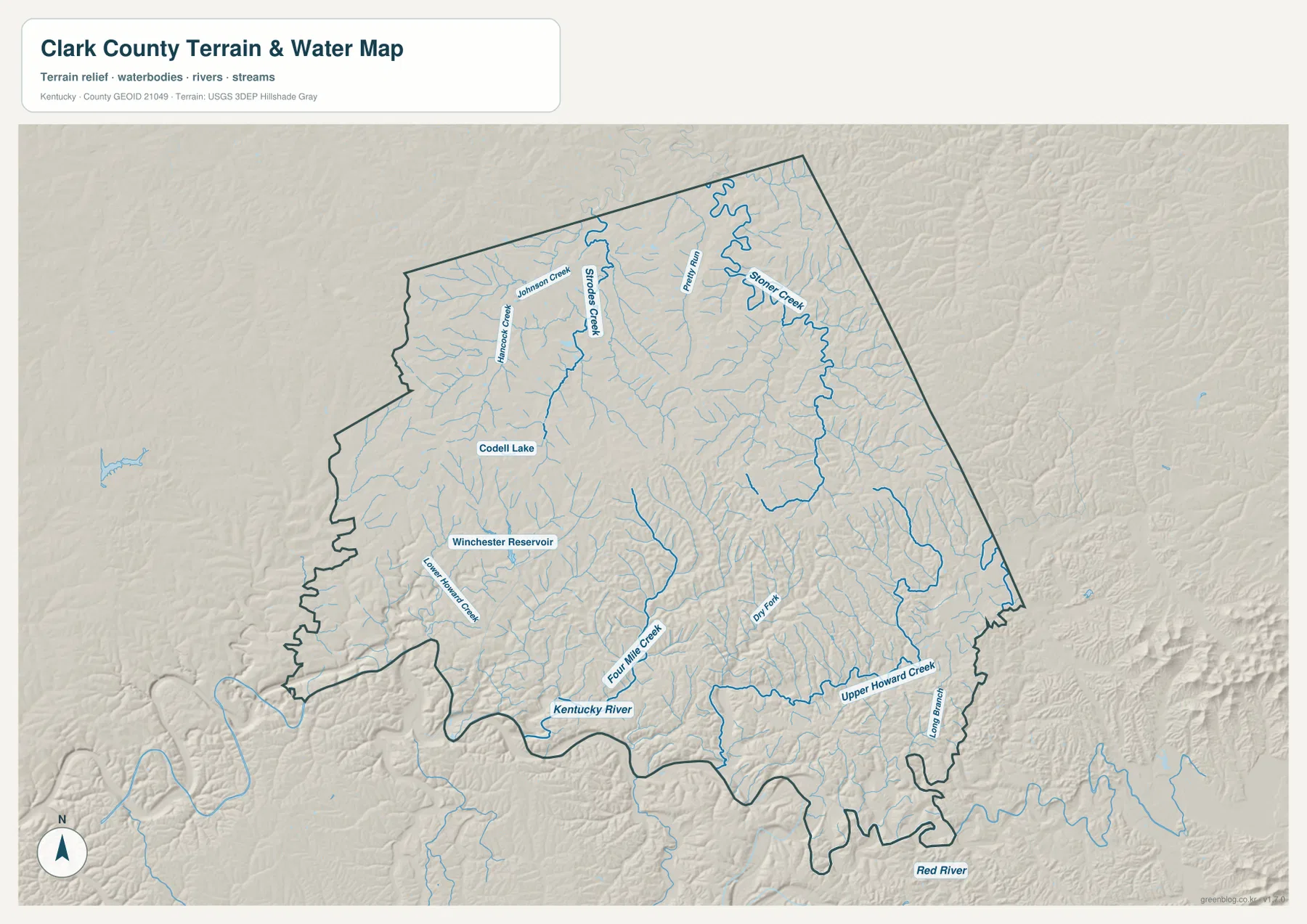 Clark County의 Kentucky River, Lower Howard Creek, Upper Howard Creek, Four Mile Creek, Silver Creek와 저수지를 보여 주는 수역 지도