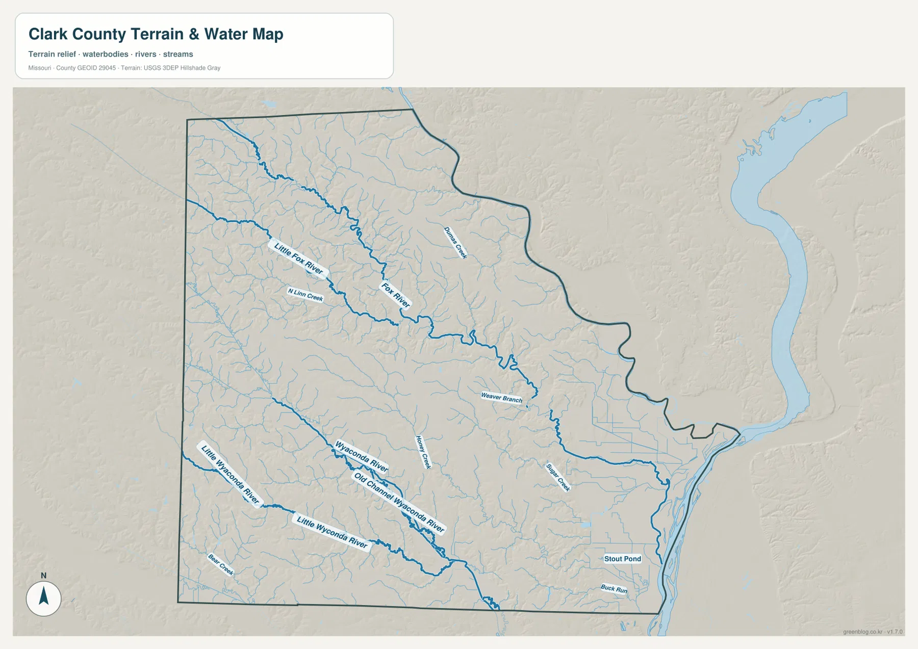 Clark County Missouri terrain and water map showing Fox River, Little Fox River, Wyaconda River, Little Wyaconda River and eastern lowlands
