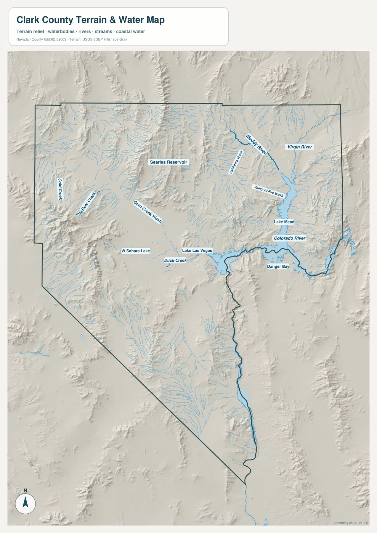 Clark County water map showing Lake Mead, Colorado River, Virgin River, Muddy River, California Wash and Valley of Fire Wash