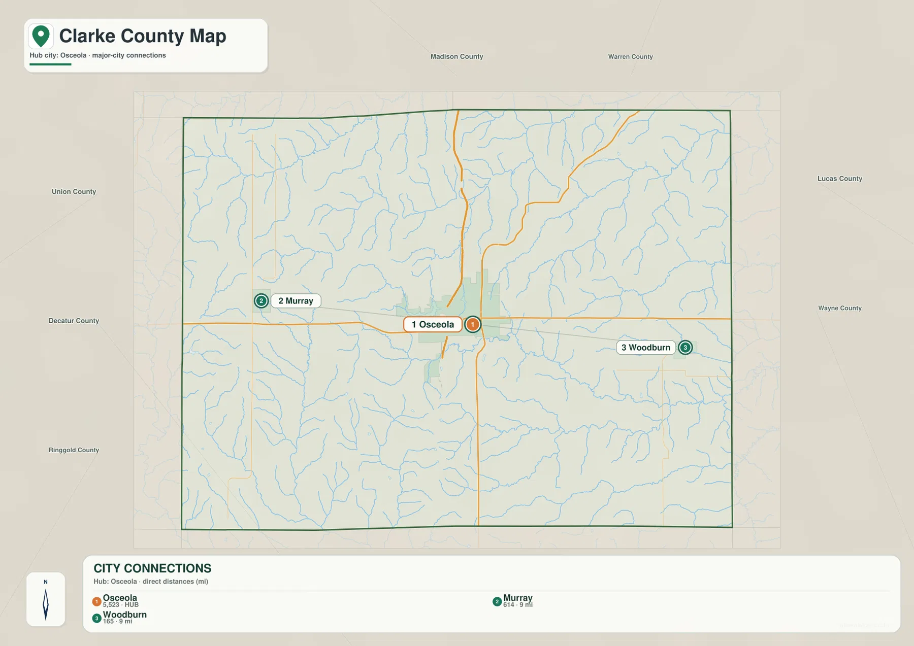 Clarke County city connections map Osceola Murray Woodburn