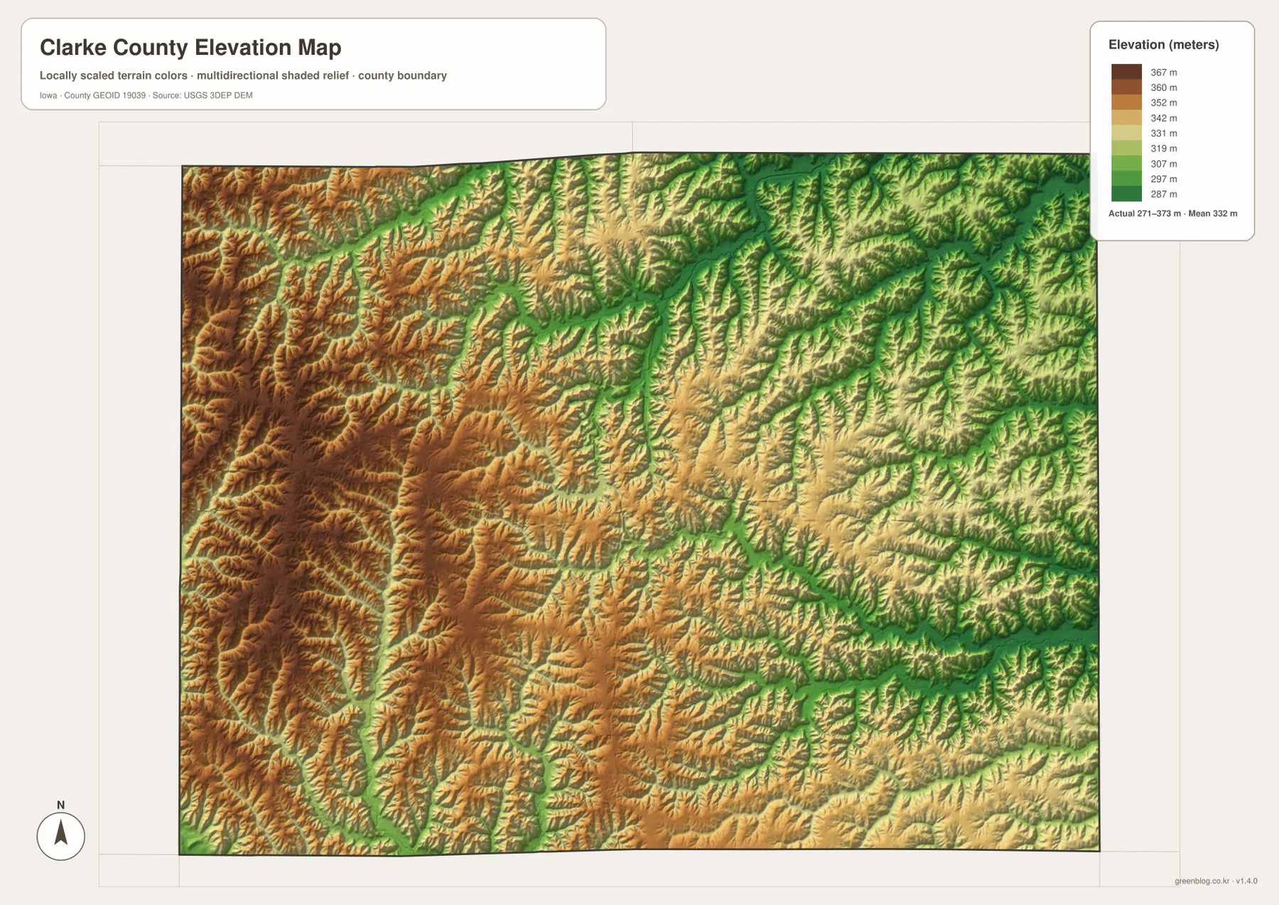 Clarke County Iowa elevation map higher western ground lower eastern valleys